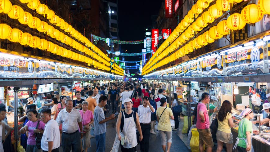 Keelung's lively Miaokou night market, famous throughout Taiwan for its seafood