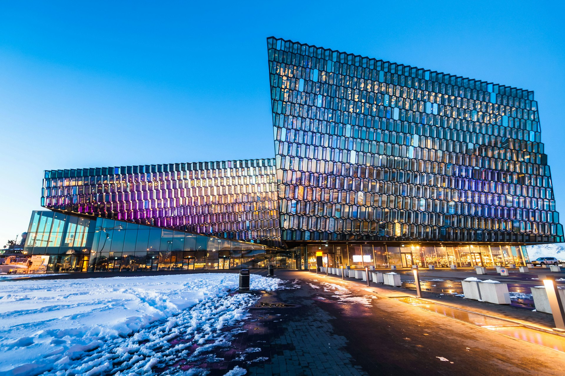 Harpa Concert Hall view at sunset in Reykjavik