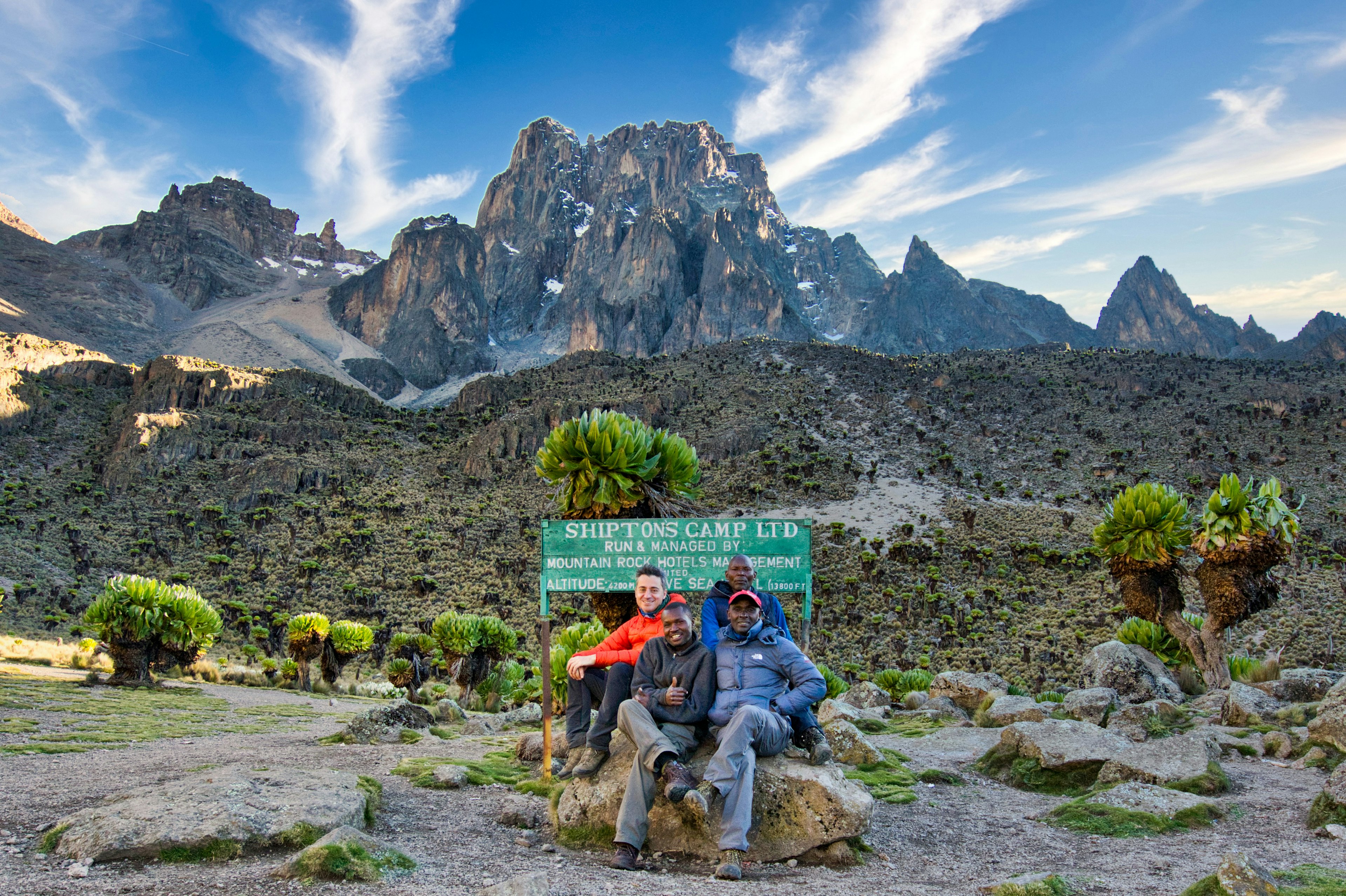 Writer Peter Elia and guides at Shipton Camp on Mt Kenya