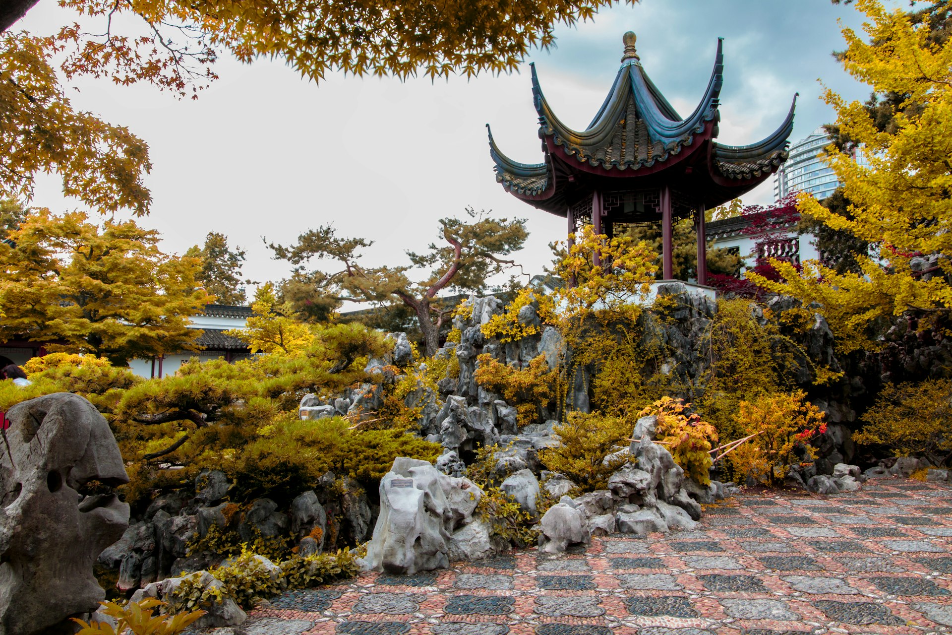 A Chinese-style pagoda in a peaceful garden
