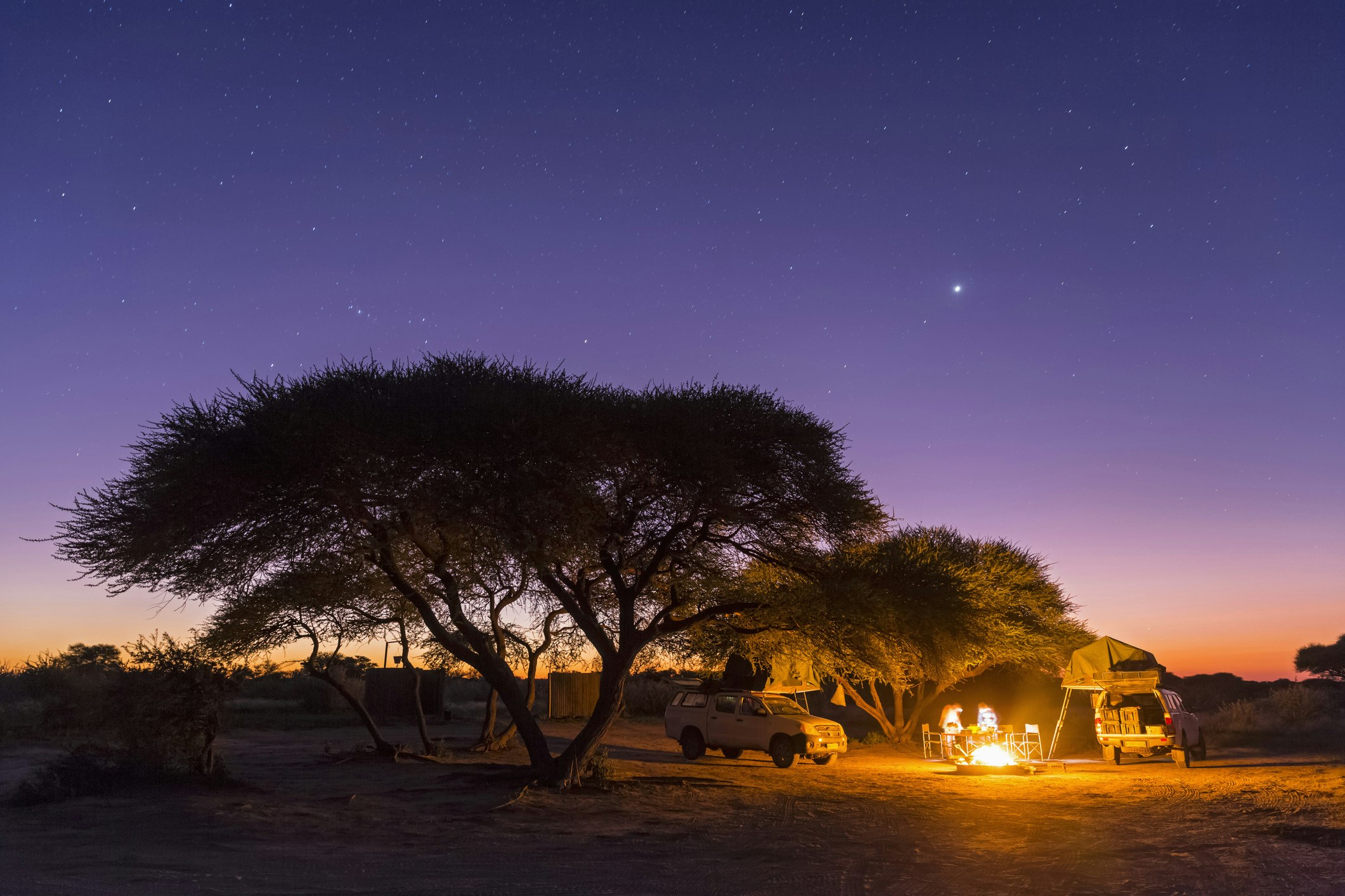 A campsite with safari vans parked under trees with campfire under a starry sky