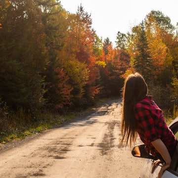 Young woman hanging out of a car window in front of fall trees in Quebec