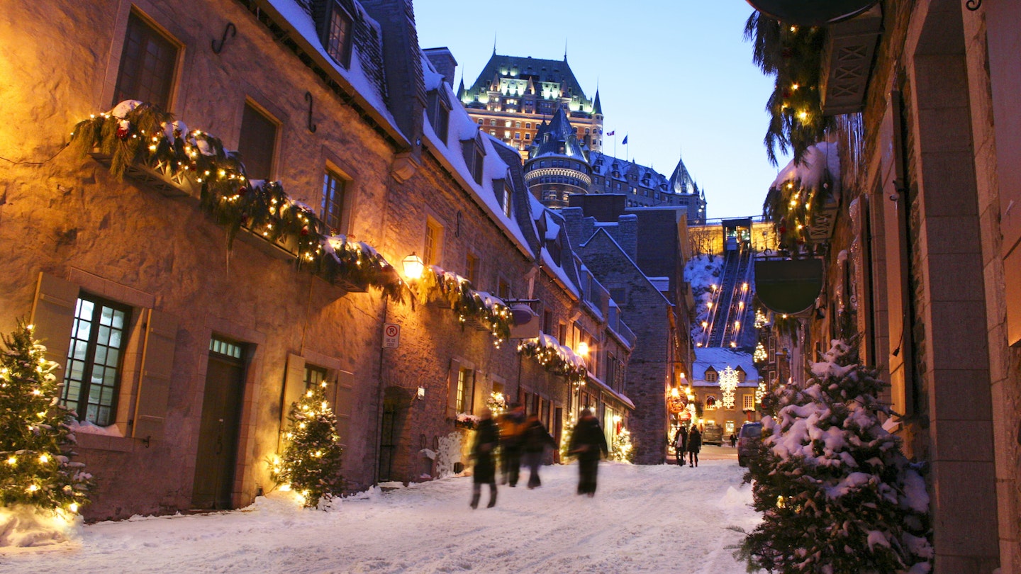 Chateau Frontenac at dusk, Quebec City, Canada; Shutterstock ID 98703929; your: Brian Healy; gl: 65050; netsuite: Lonely Planet Online Editorial; full: Getting around Quebec City
