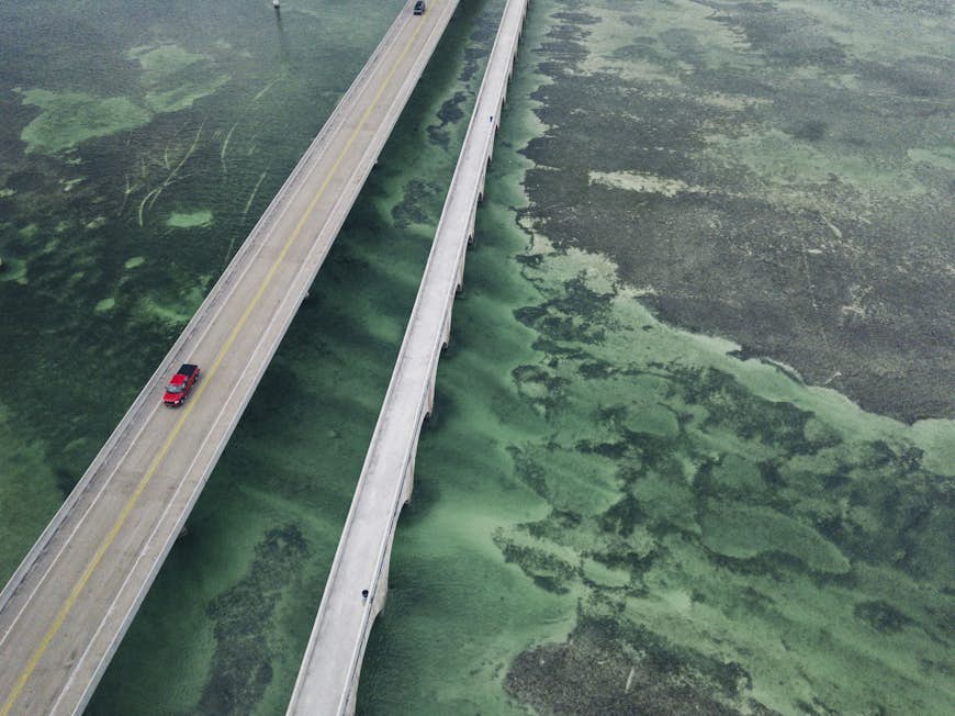 An aerial shot of cars on the Seven Mile Bridge, Florida Keys, Florida