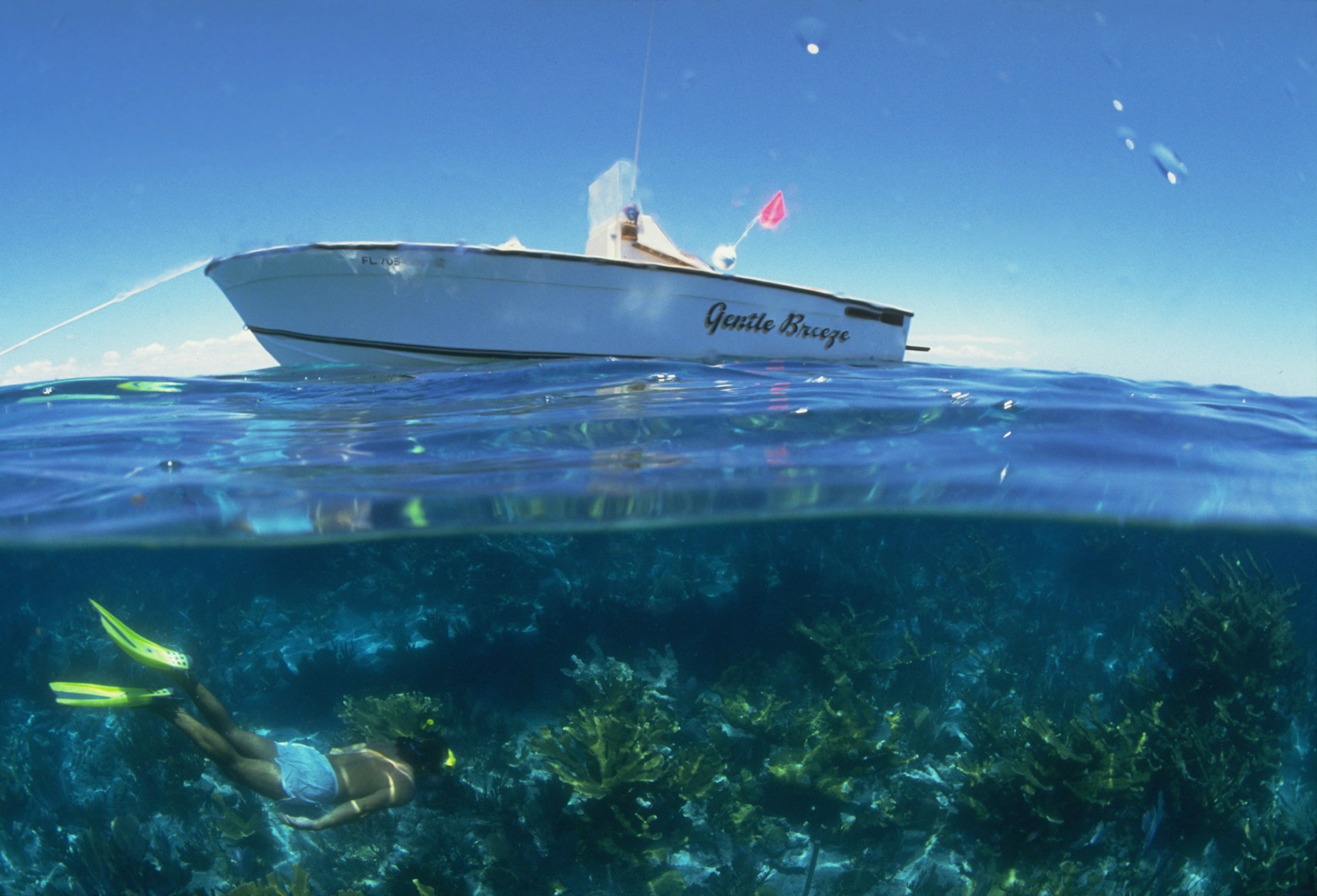 A man in snorkel gear photographed underwater with a boat above the waterline in Biscayne National Park, Florida, USA