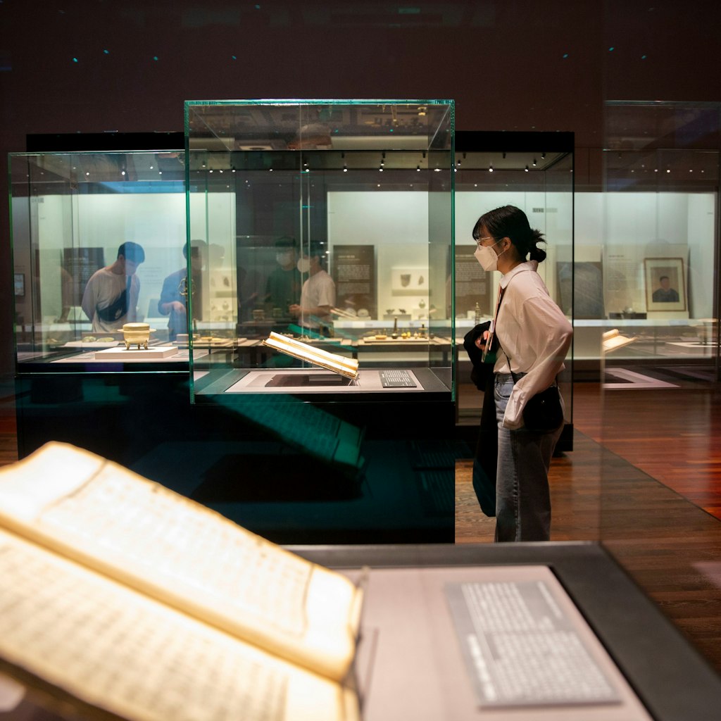 People visit the National Museum of Korea in Seoul, South Korea, May 18, 2022. The National Museum of Korea houses a vast collection of artifacts from ancient times to the modern era in a wide range of topics, including art and culture. (Photo by /Xinhua via Getty Images)