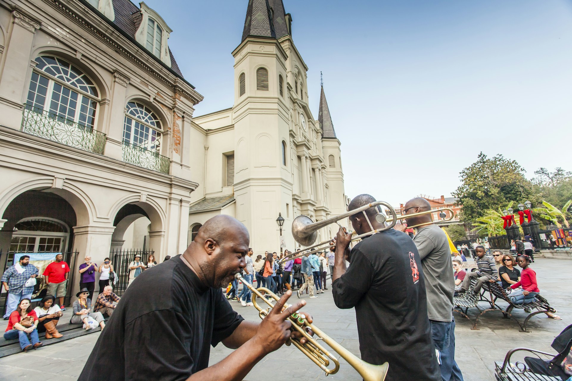 Kenneth Terry and his jazz band perform in Jackson Square, in the French Quarter of New Orleans, Louisiana, USA