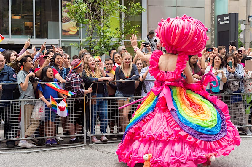 Toronto, Canada - 25 June 2017: Drag queen greeting the crowd at Toronto Pride Parade