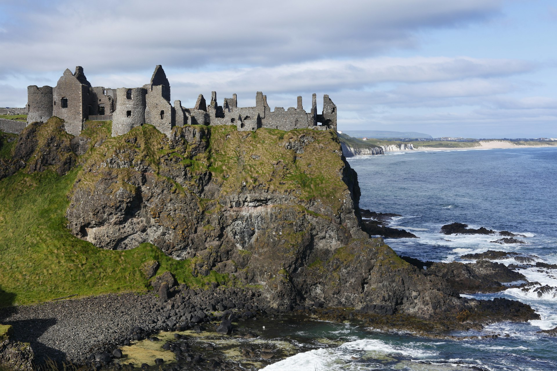 Dunluce Castle, looking towards the gleaming cliffs of Whiterocks