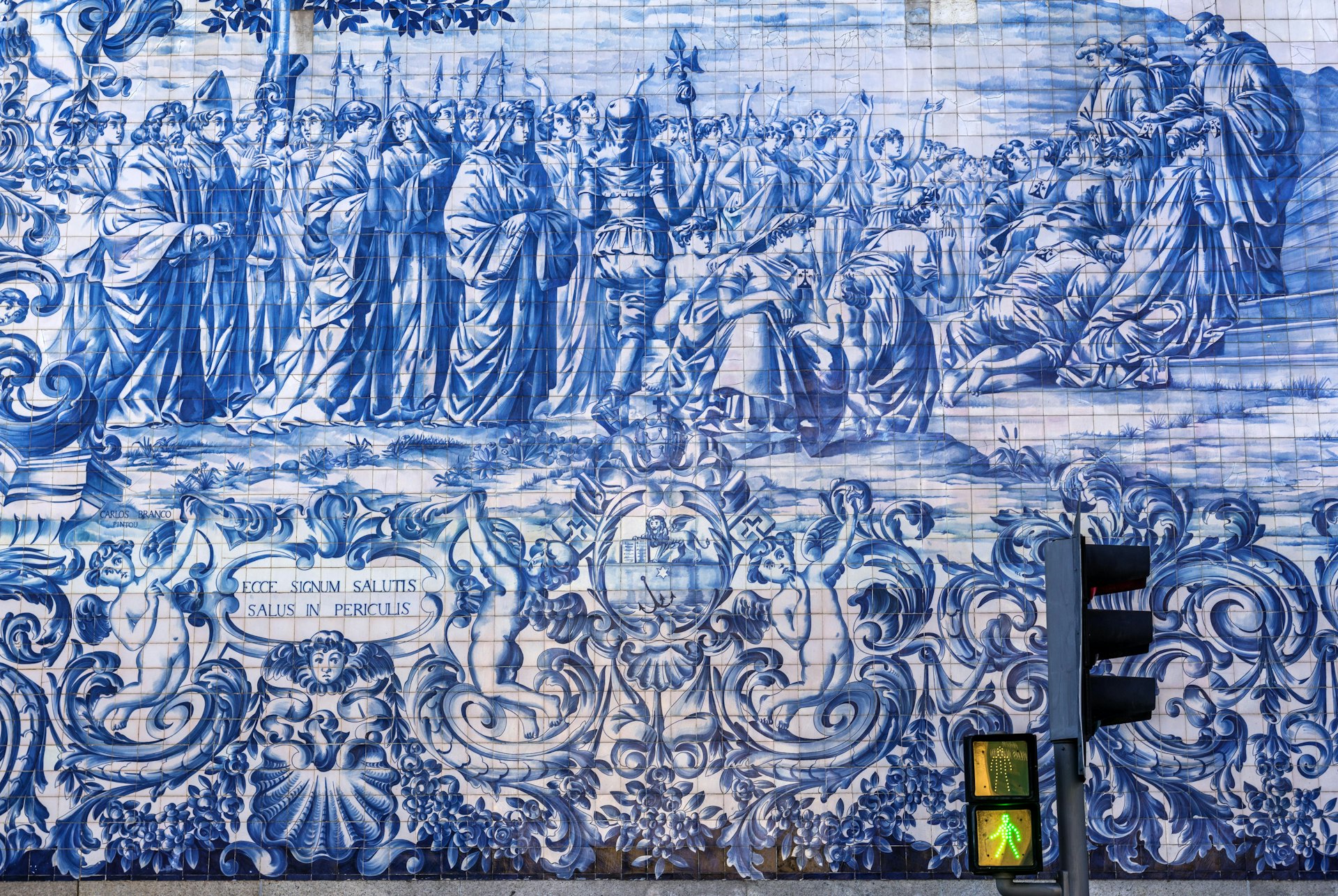 Azulejos tiles historical scene on a side facade of Carmo Church in Porto, Portugal