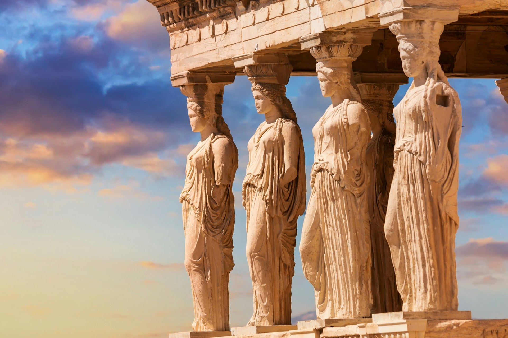 Detail,Of,Caryatid,Porch,On,The,Acropolis,Uring,Colorful,Sunset