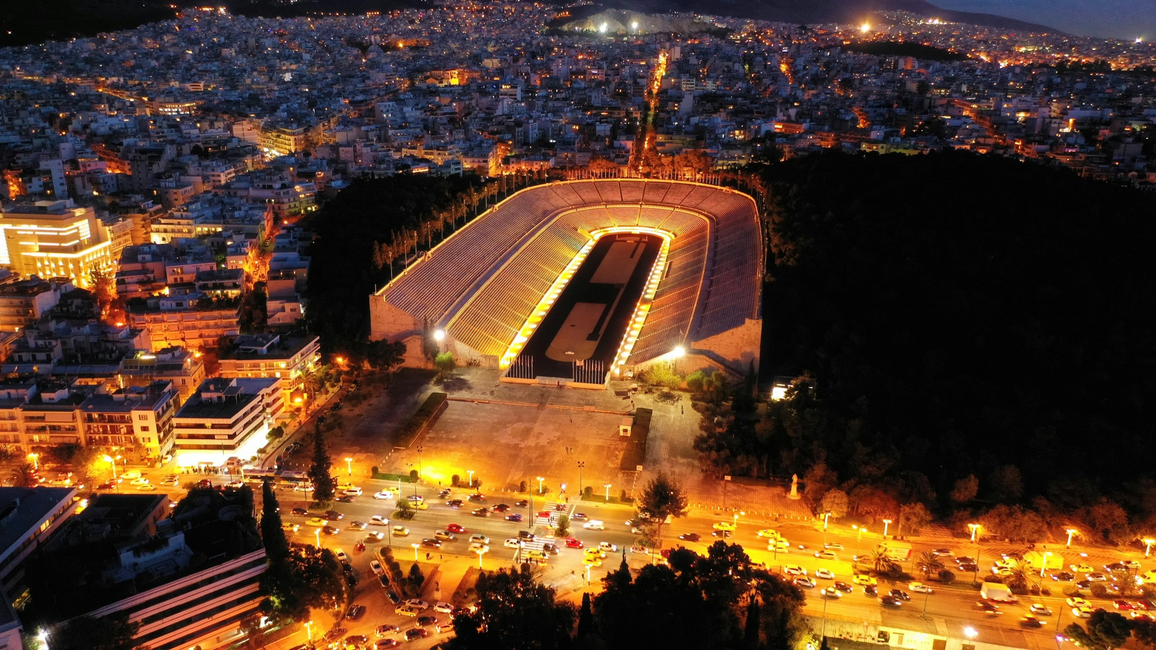 Aerial,Drone,Night,Shot,Of,Illuminated,Beautiful,Ancient,Stadium,Of