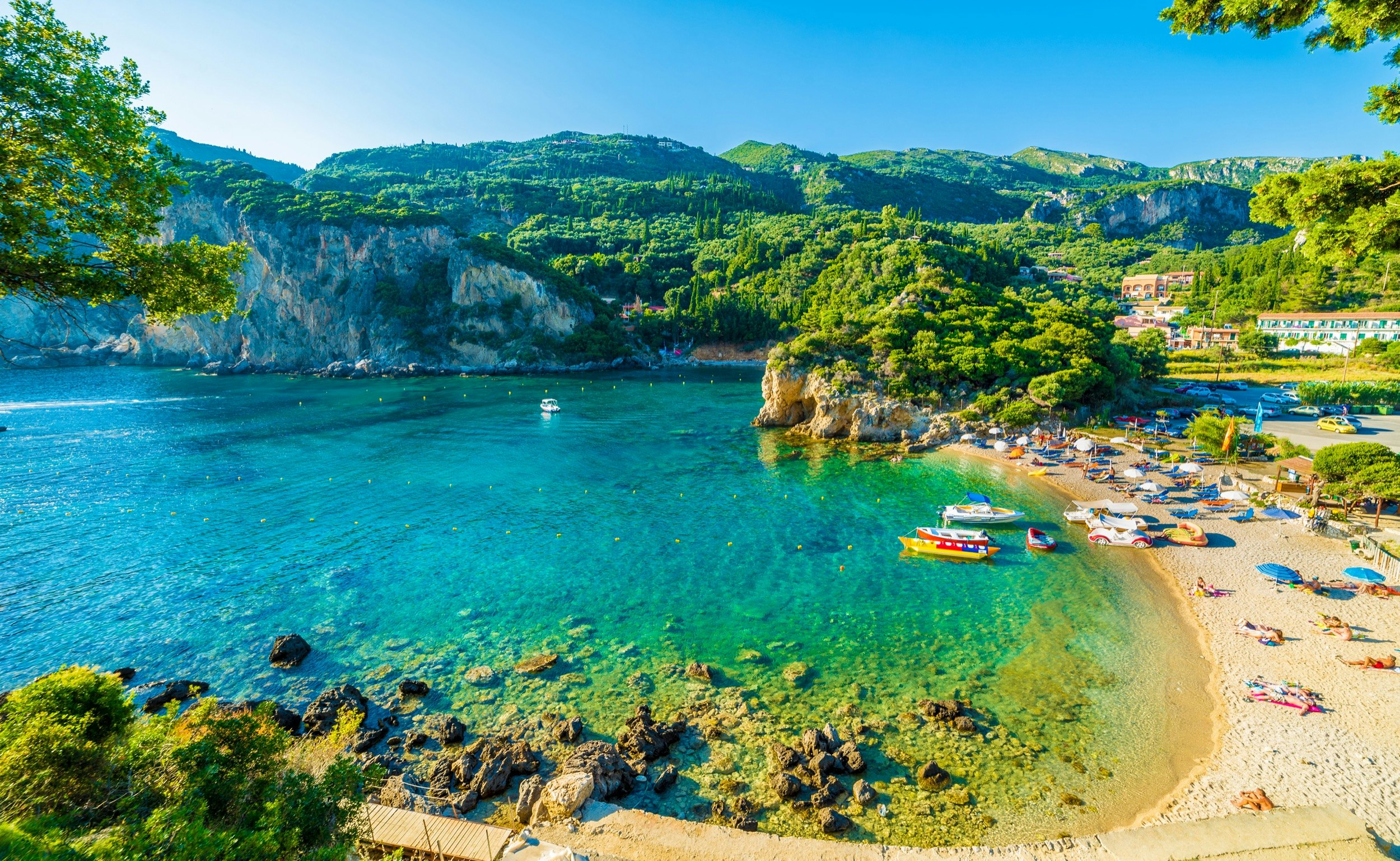 Beautiful,Beach,And,Boat,In,Paleokastritsa,,Corfu,Island,,Greece