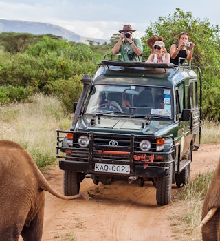 Tourists in a safari jeep encountering elephants in the Masai Mara