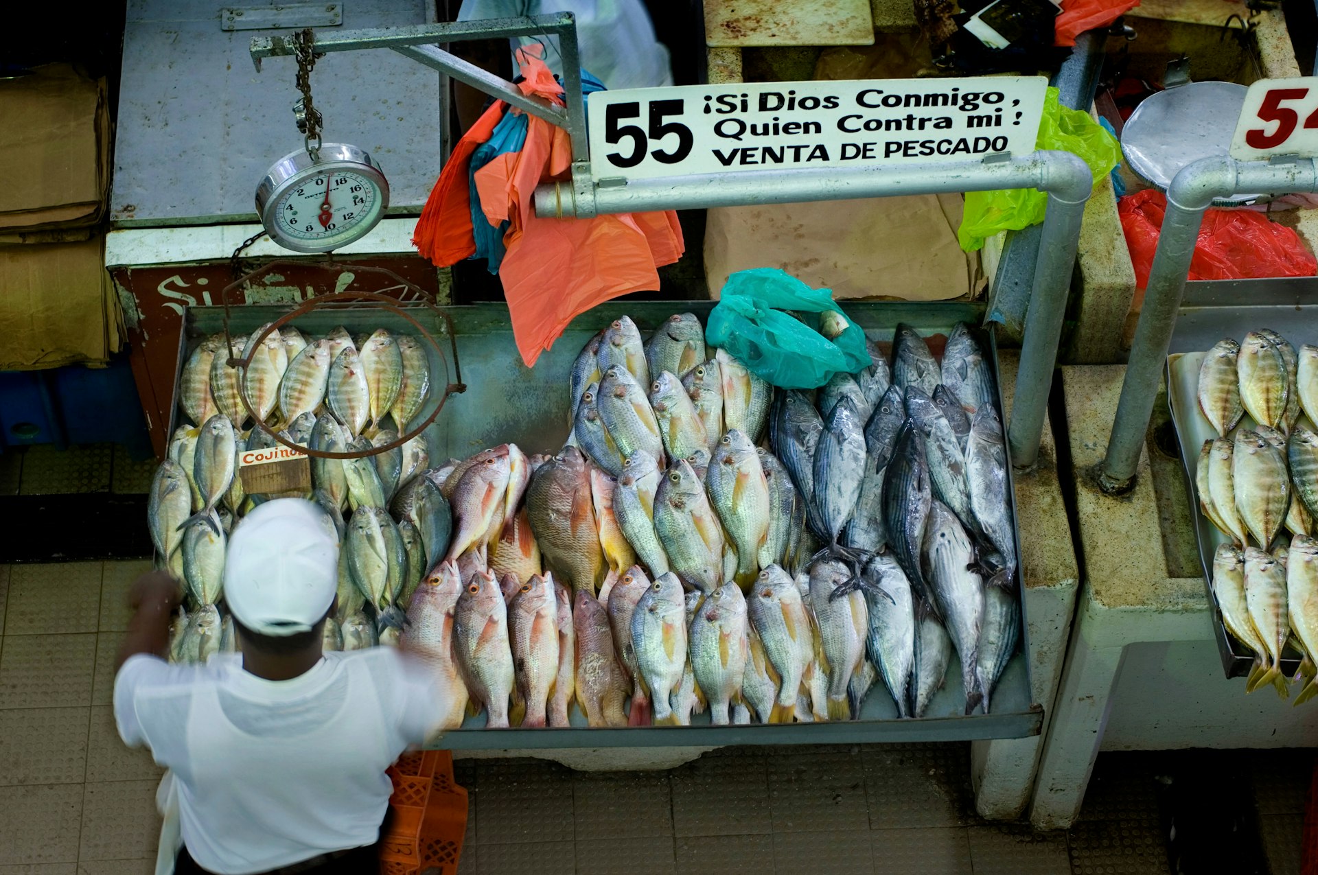 A vendor arranges his display of fish at the Mercado de Mariscos as seen from above