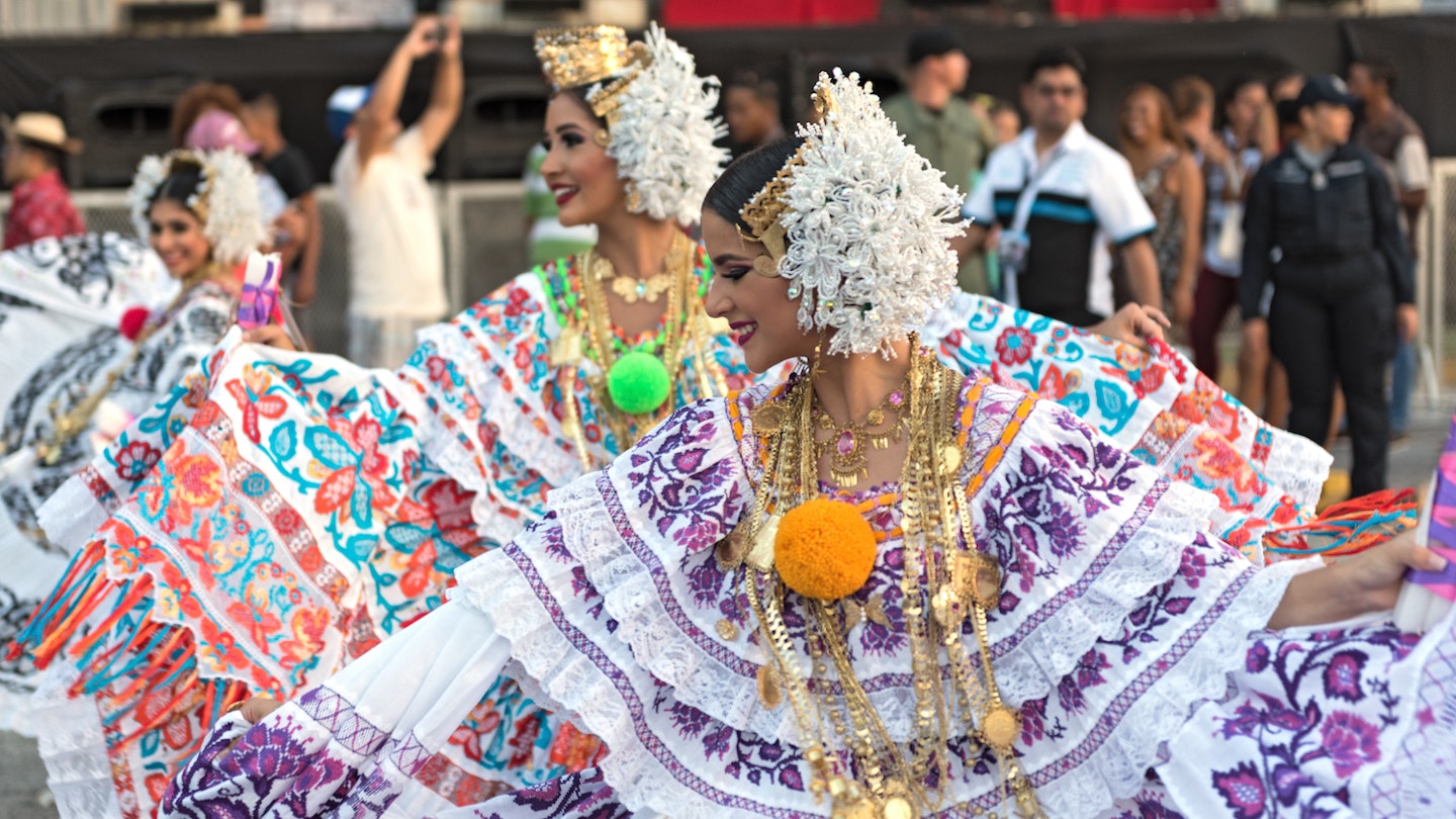 PANAMA CITY, PANAMA - MARCH 04, 2019: folklore dances in traditional costume at the carnival in the streets of panama city panama; Shutterstock ID 1354636079; your: Brian Healy; gl: 65050; netsuite: Lonely Planet Online Editorial; full: Best time to visit Panama City
