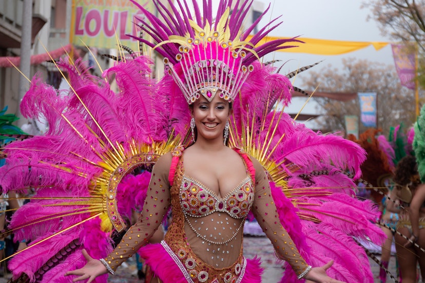 LOULE, PORTUGAL - MAR 2019: Colorful Carnival (Carnaval) Parade festival participants on Loule city, Portugal.; Shutterstock ID 1432976921; your: Brian Healy; gl: 65050; netsuite: Lonely Planet Online Editorial; full: Free things in the Algarve