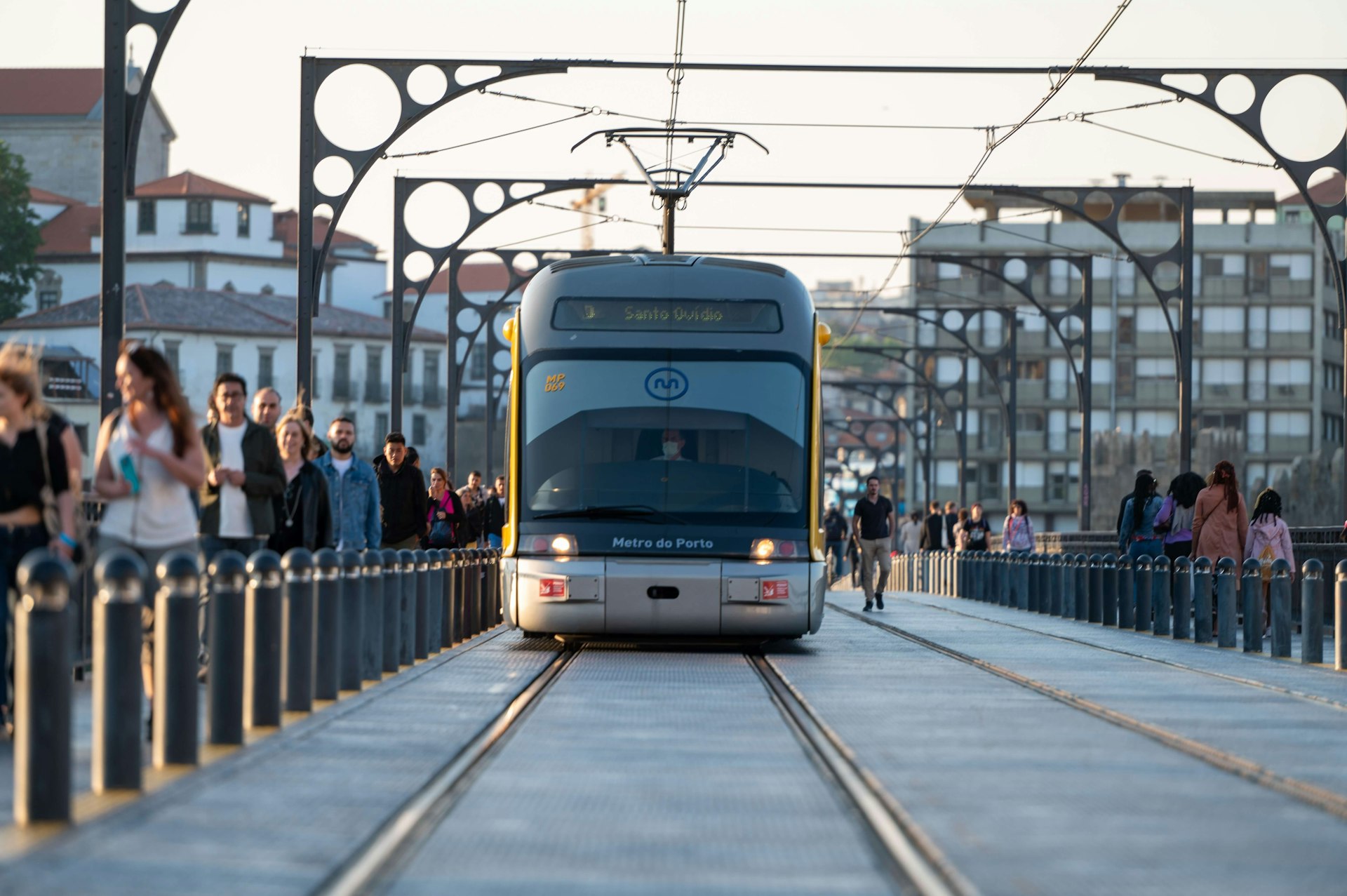 Metro de Porto on the bridge over the Douro Luis II river in Porto, Portugal in the summer of 2022.