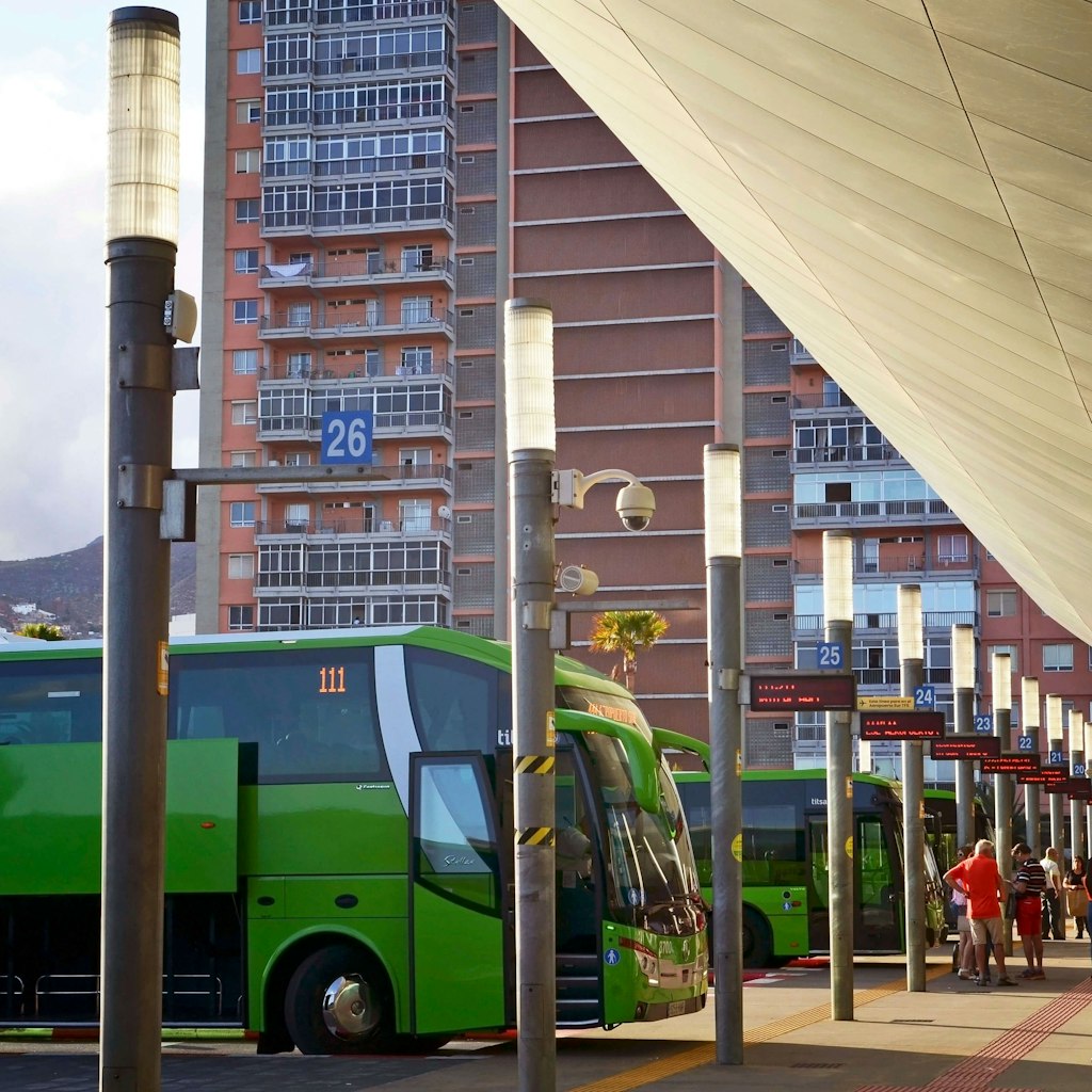 Tenerife,Canary Islands,Spain - June 19, 2019: Titsa buses at the Central Bus Station of Santa Cruz de Tenerife.