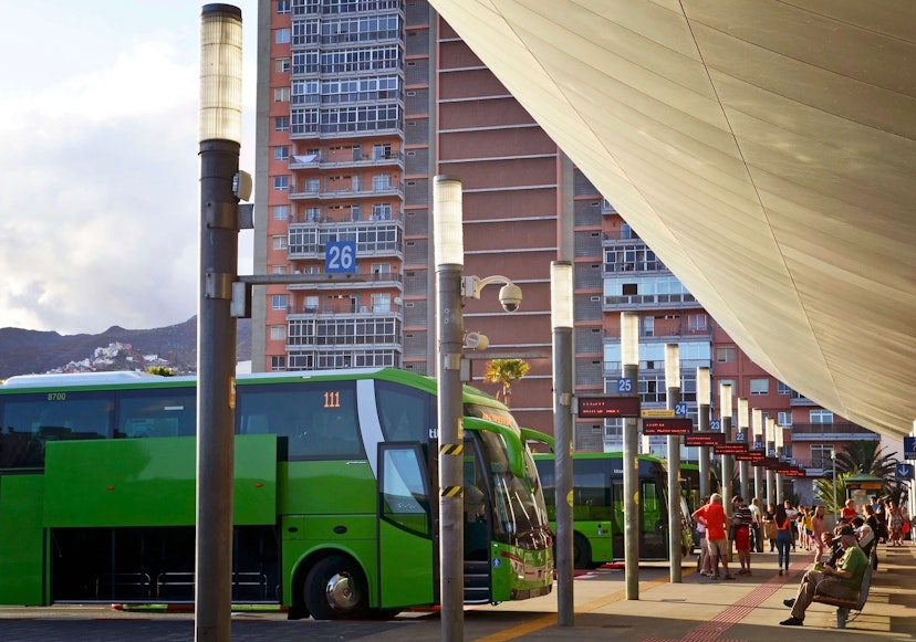 Tenerife,Canary Islands,Spain - June 19, 2019: Titsa buses at the Central Bus Station of Santa Cruz de Tenerife.