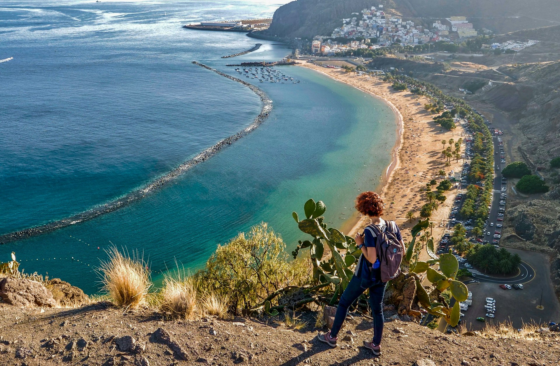 Female hiker looking to Las Teresitas beach on Tenerife