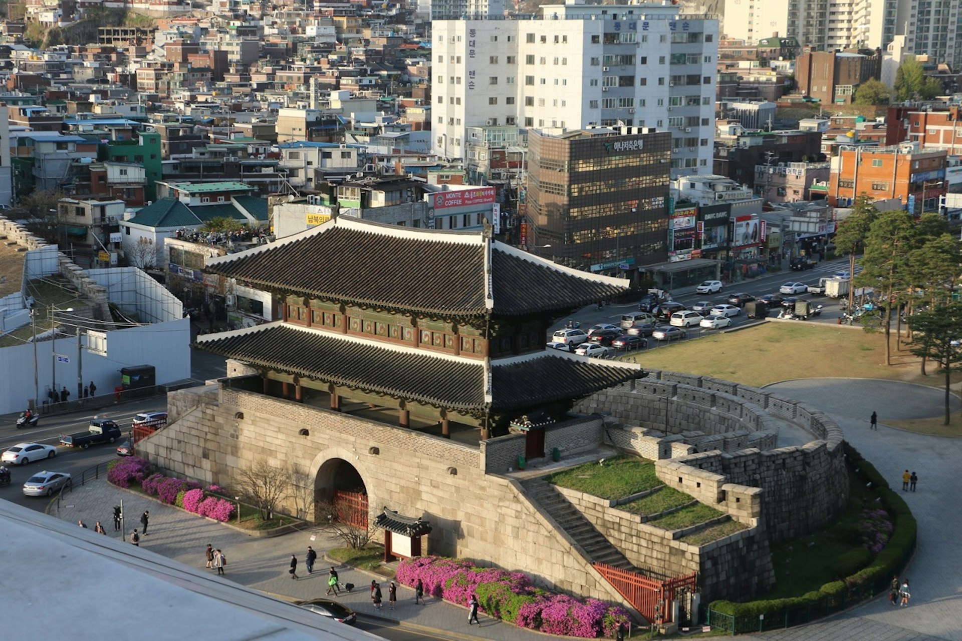 View of a fortress wall in the center of a city