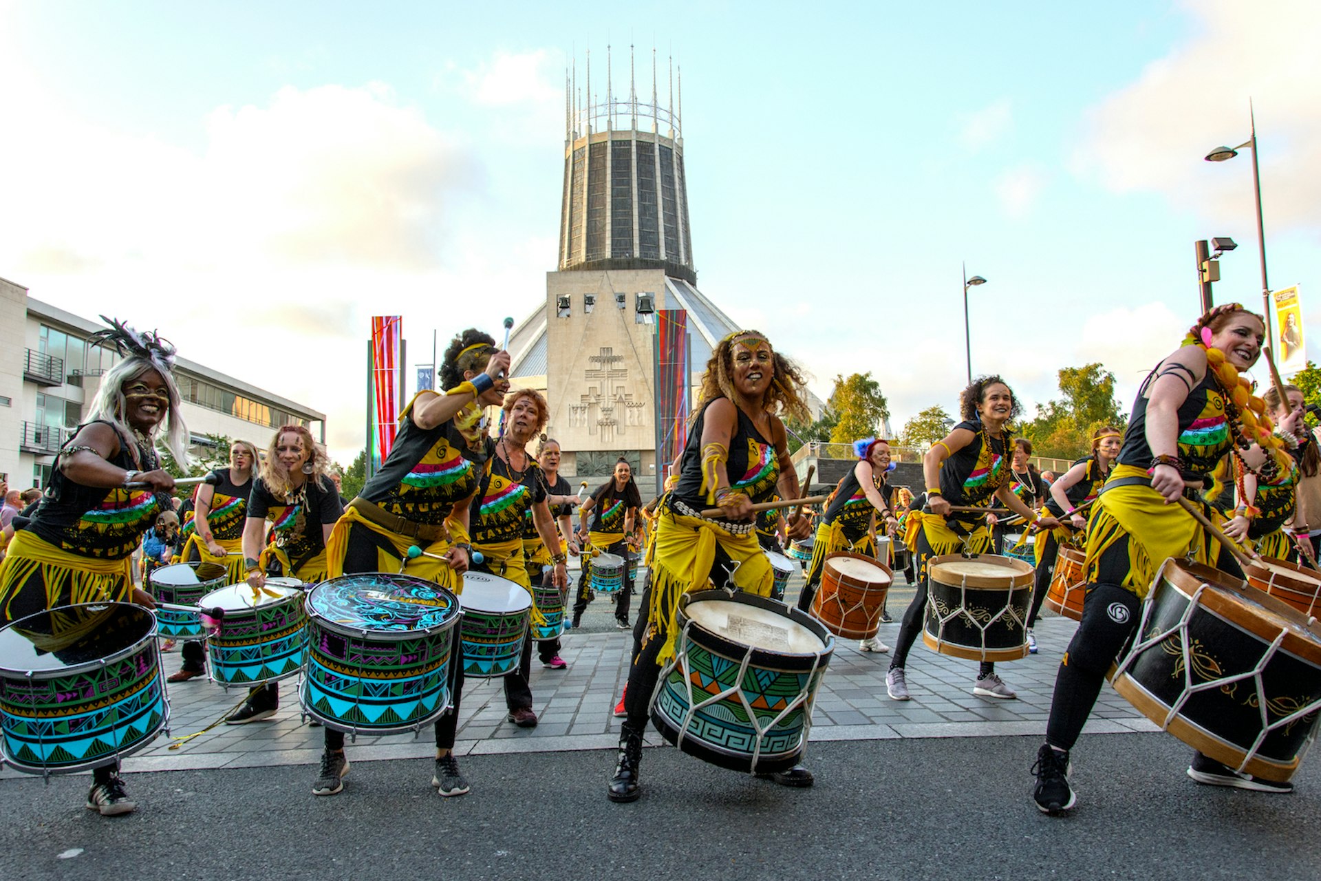 Drummers participate in the Brazilica festival, celebrating Brazilian culture, in Liverpool, England, United Kingdom