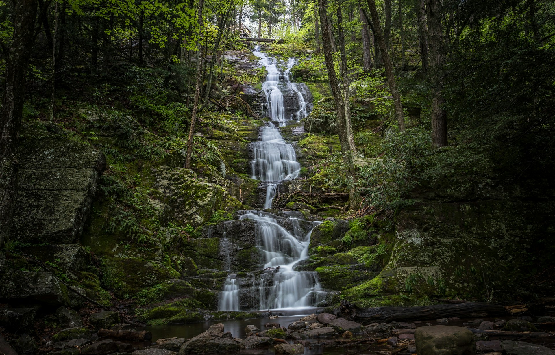 A tall waterfall surrounded by greenery in the Delaware Water Gap National Recreation Area, USA