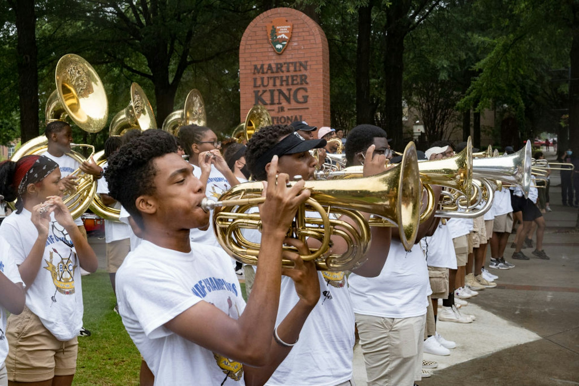 A band plays in front of the Martin Luther King Junior Center before participating in a parade to celebrate Juneteenth on June 19, 2021 in Atlanta, Georgia, USA