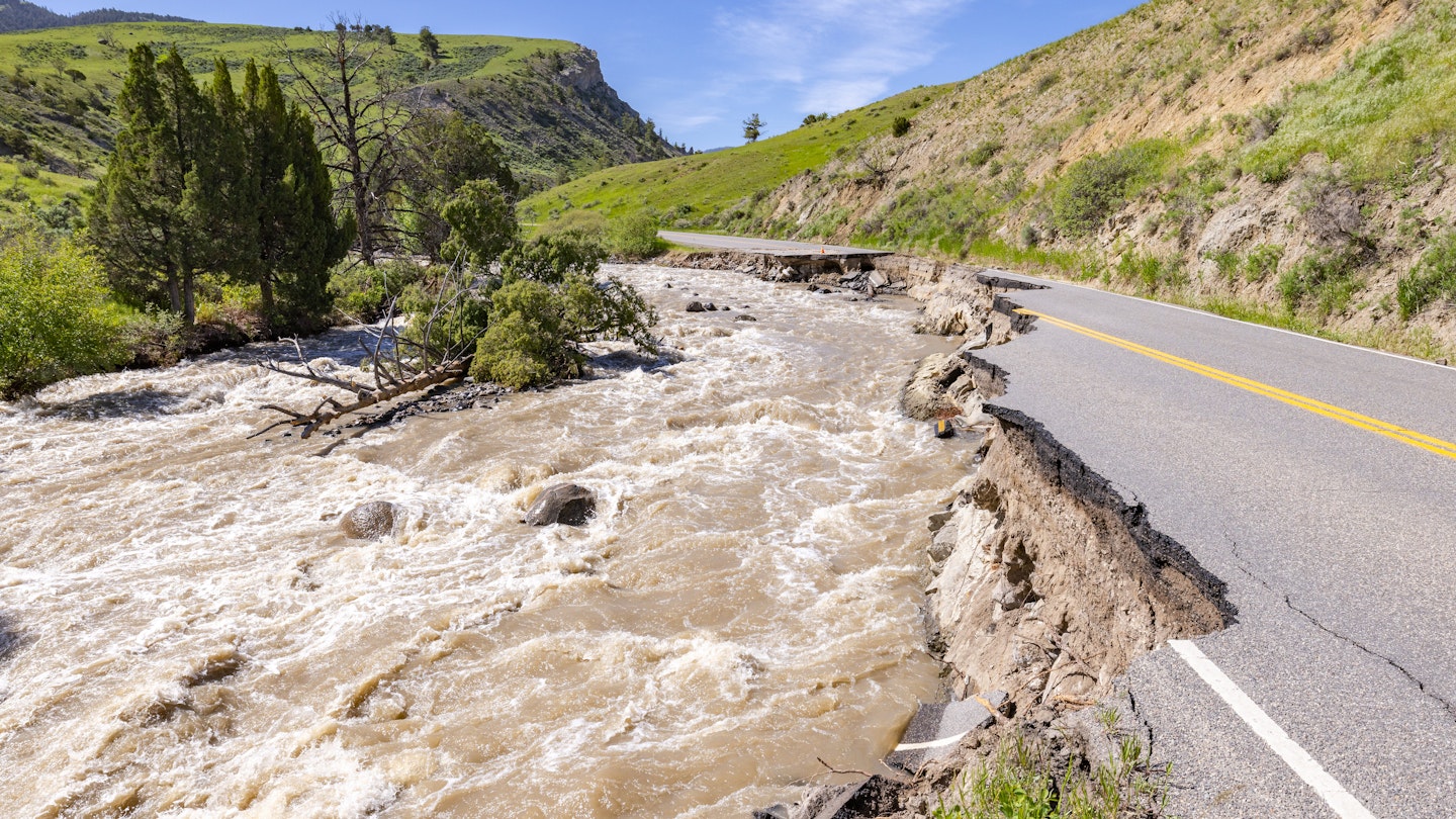 GARDINER, MT - JUNE 18:  In this handout photo provided by the National Park Service, the North Entrance Road is washed after flooding in Yellowstone National Park on June 18, 2022 in Gardiner, Montana. (Photo by Jacob W. Frank/National Park Service via Getty Images)