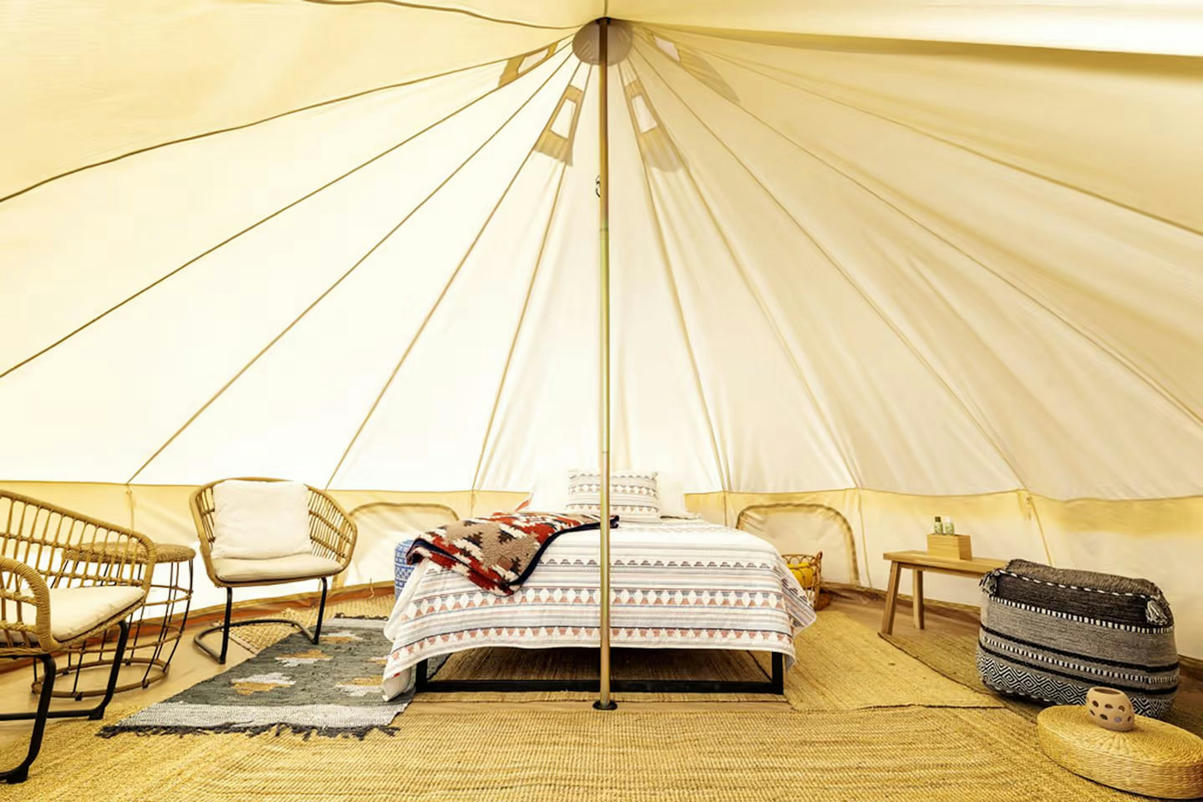 A view inside the tent at Joshua Tree Glamping Hub, Joshua Tree, California, USA