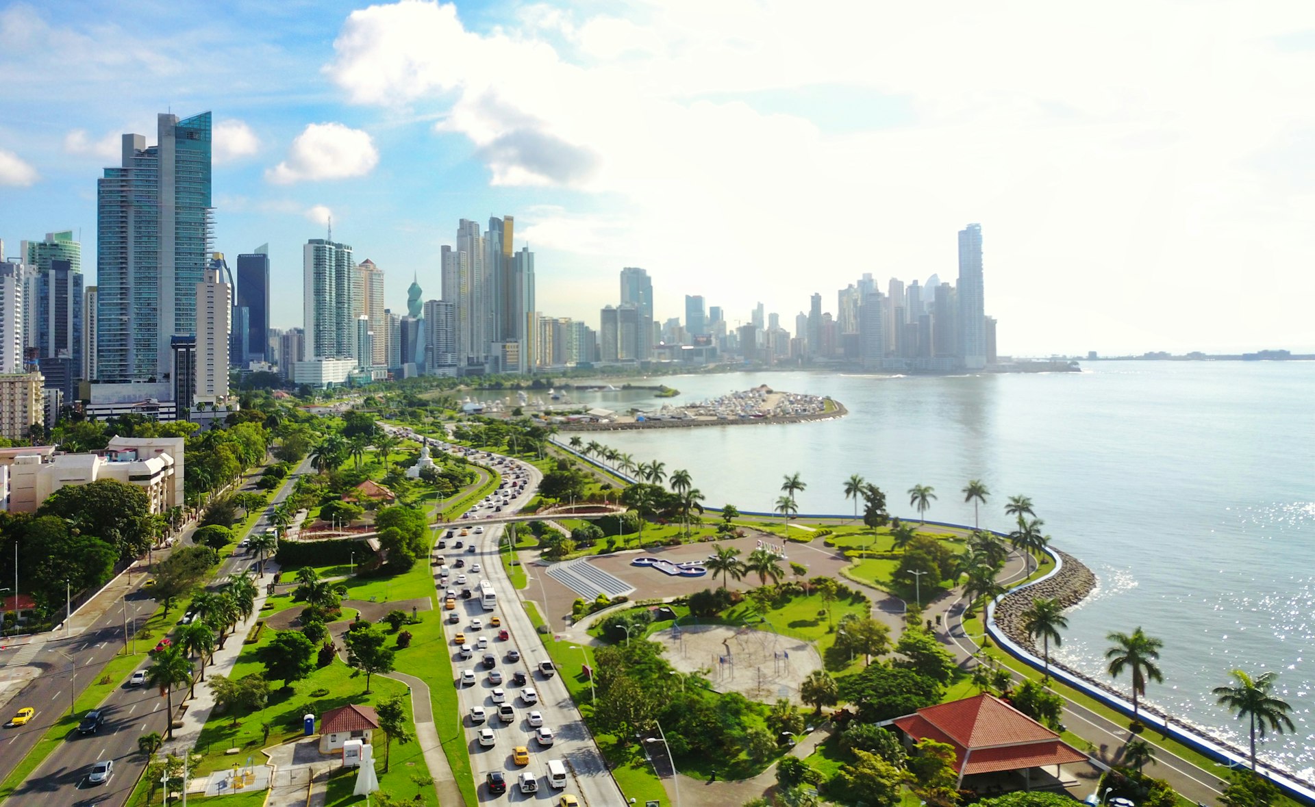 Traffic heading towards the modern skyline of Panama City, Panama