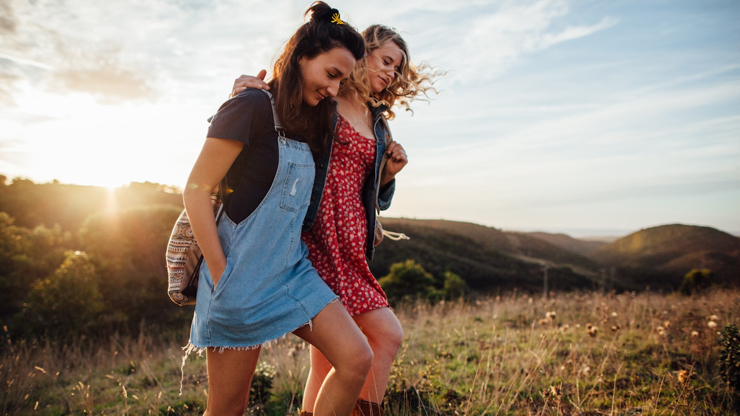 Two young women exploring Portuguese countryside / Algarve, Portugal.