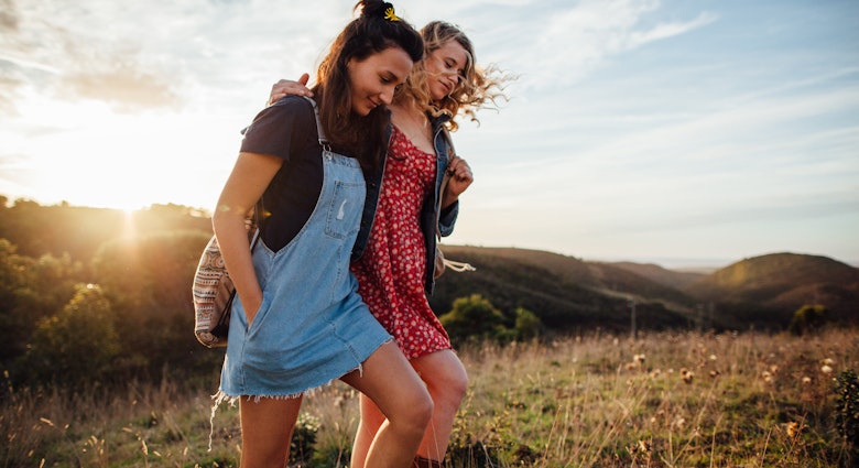 Two young women exploring Portuguese countryside / Algarve, Portugal.