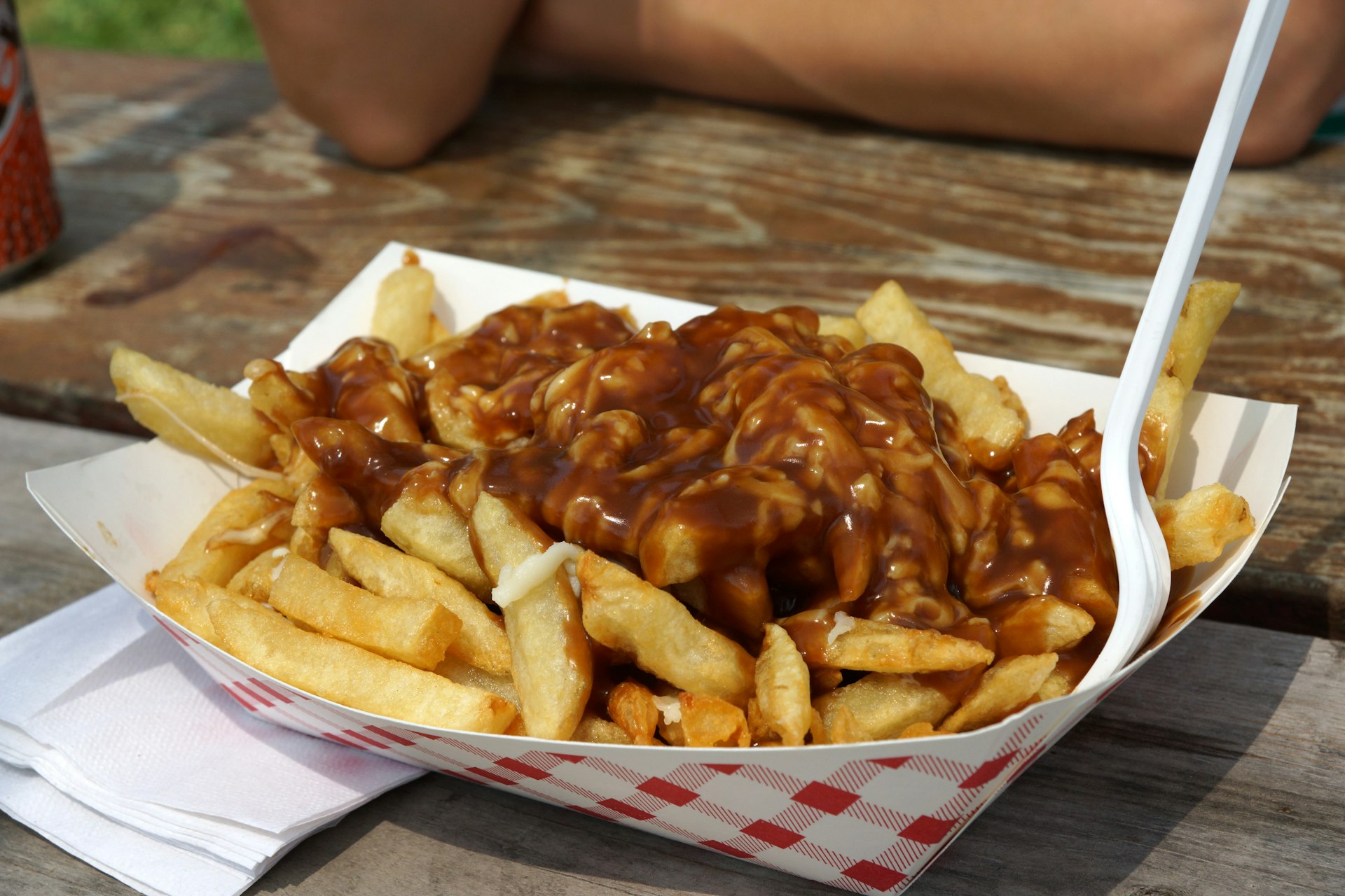 A take-out order of poutine on a picnic table in Canada