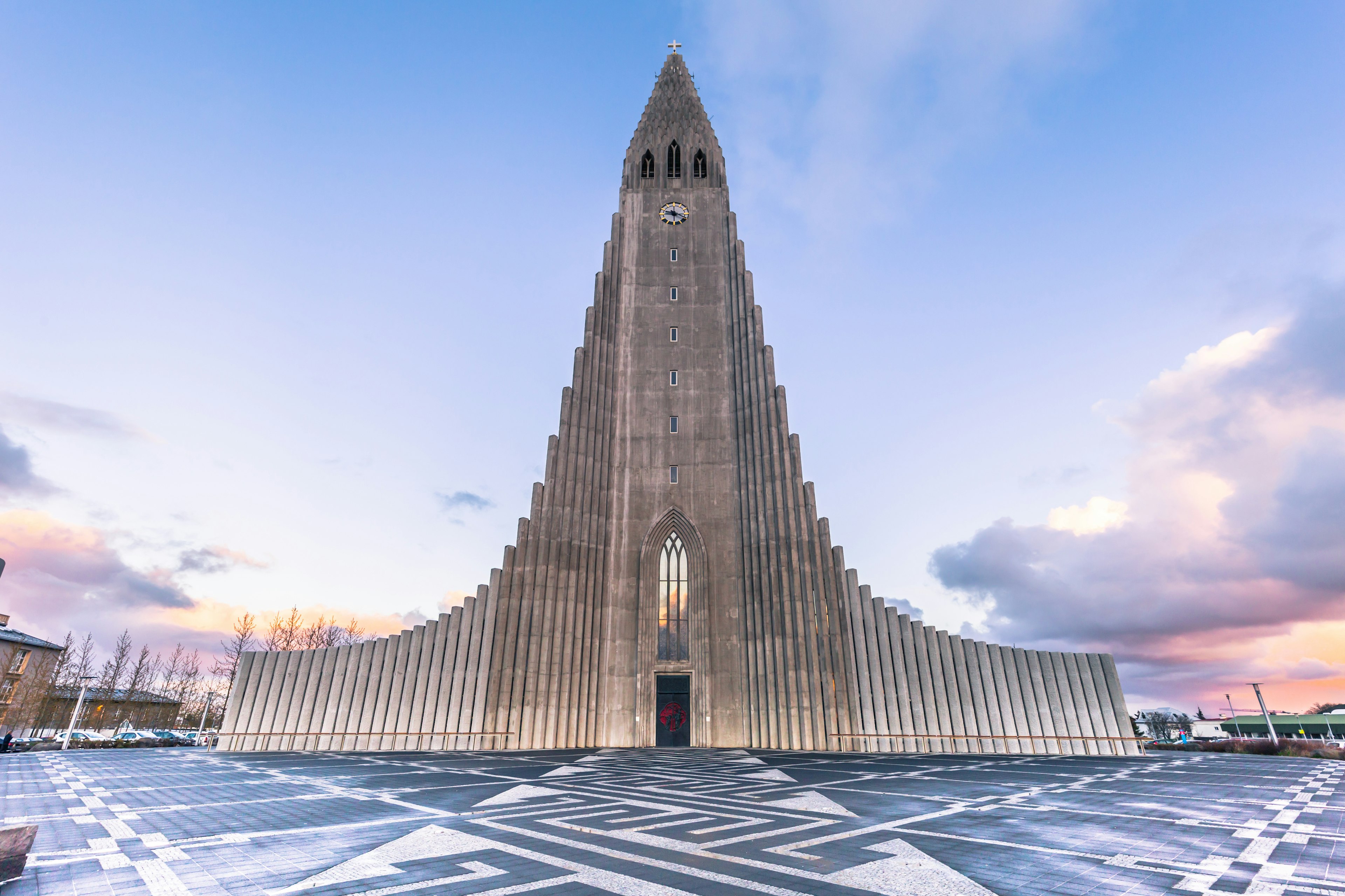 Concrete blocks increase in size to create a large church steeple