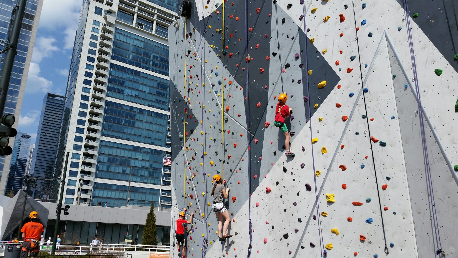 A 40-foot-high outdoor rock climbing wall at Maggie Daley Park near Chicago's Millennium Park. 