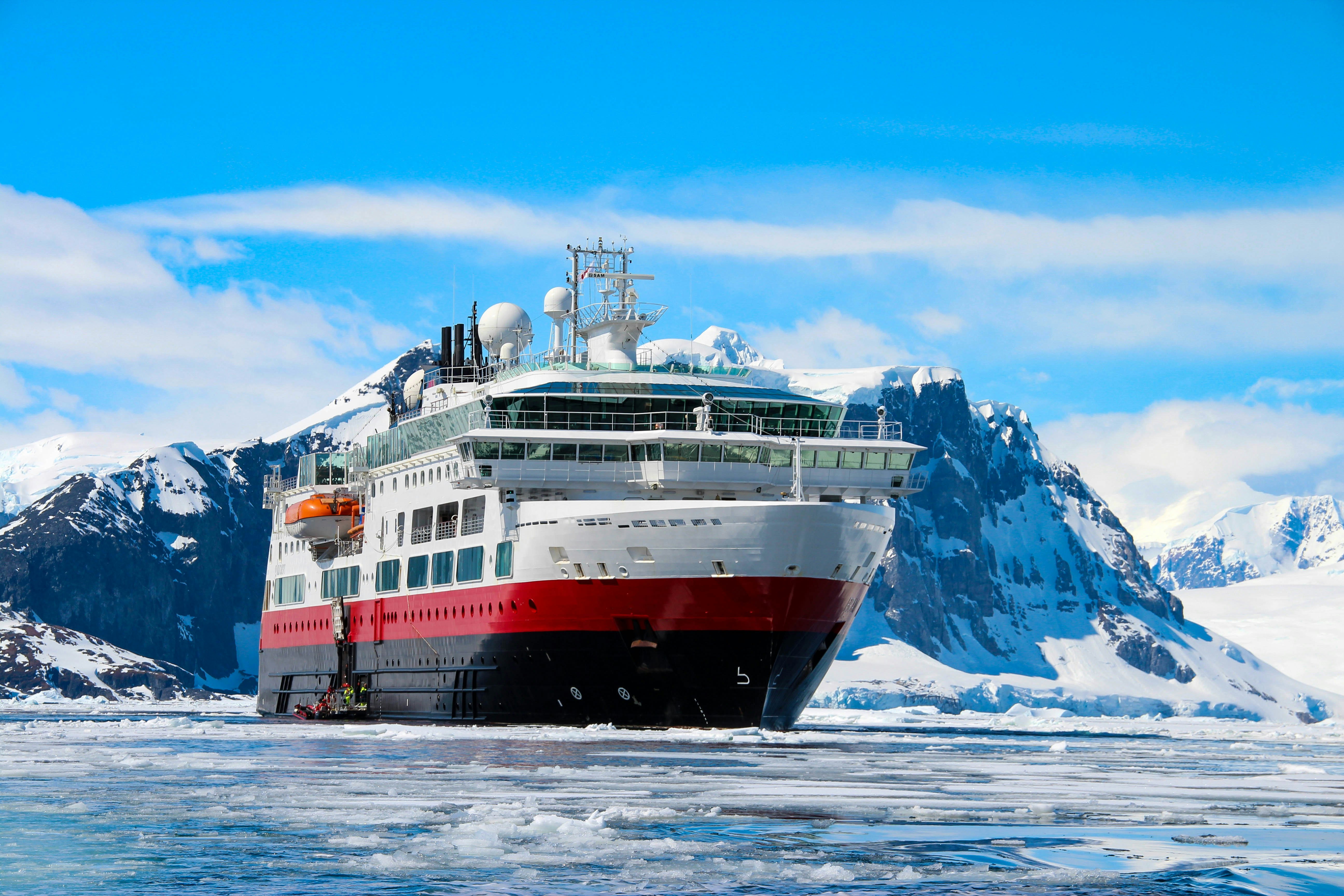 Cruise ship with tourists in Antarctica