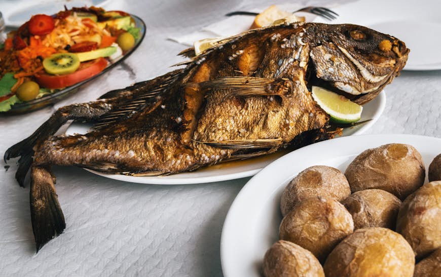 Grilled fish on plate, Canarian wrinkly potatoes and salad with vegetables and fruits. 