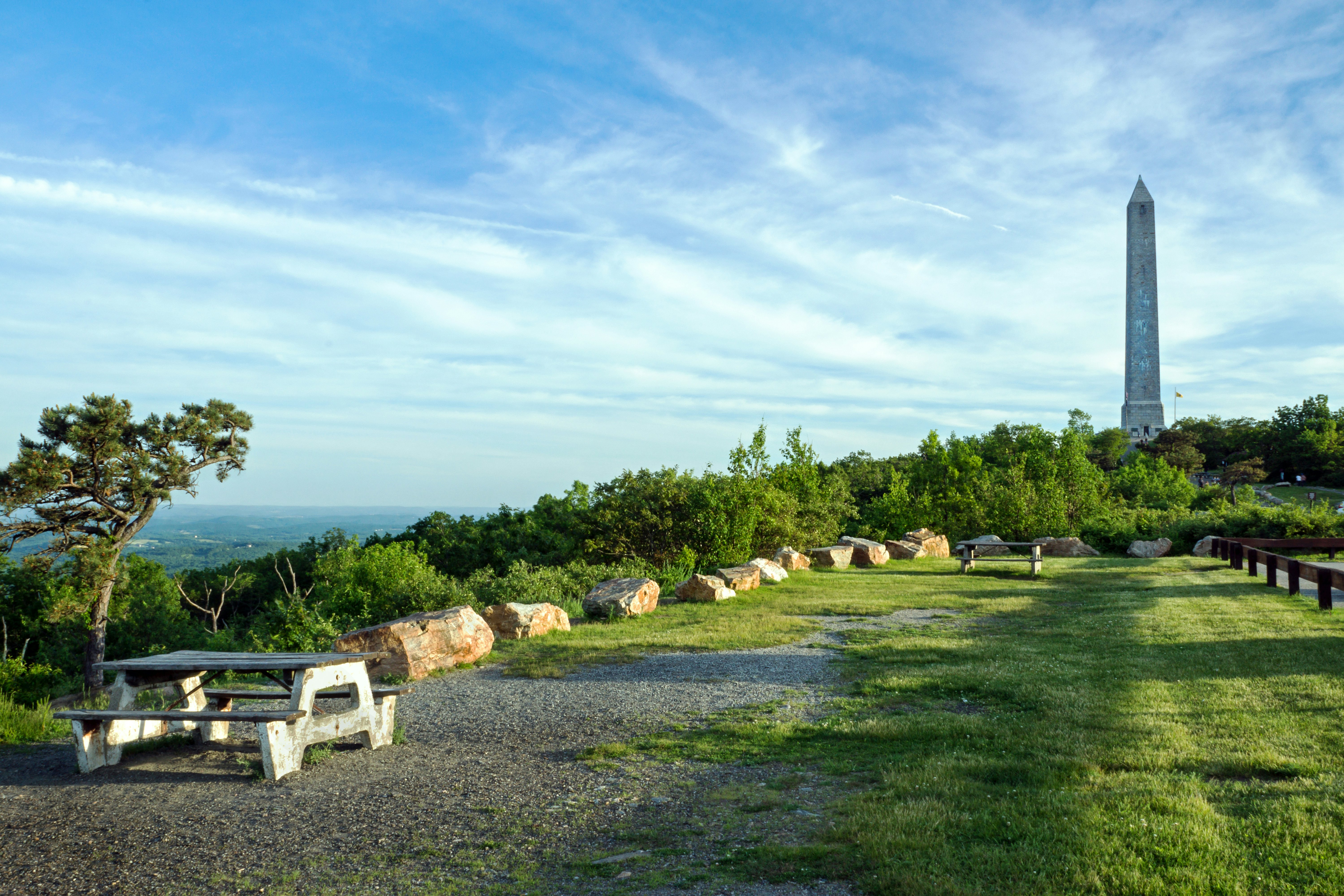 Sunset view of three states from monument at High Point State Park in New Jersey.