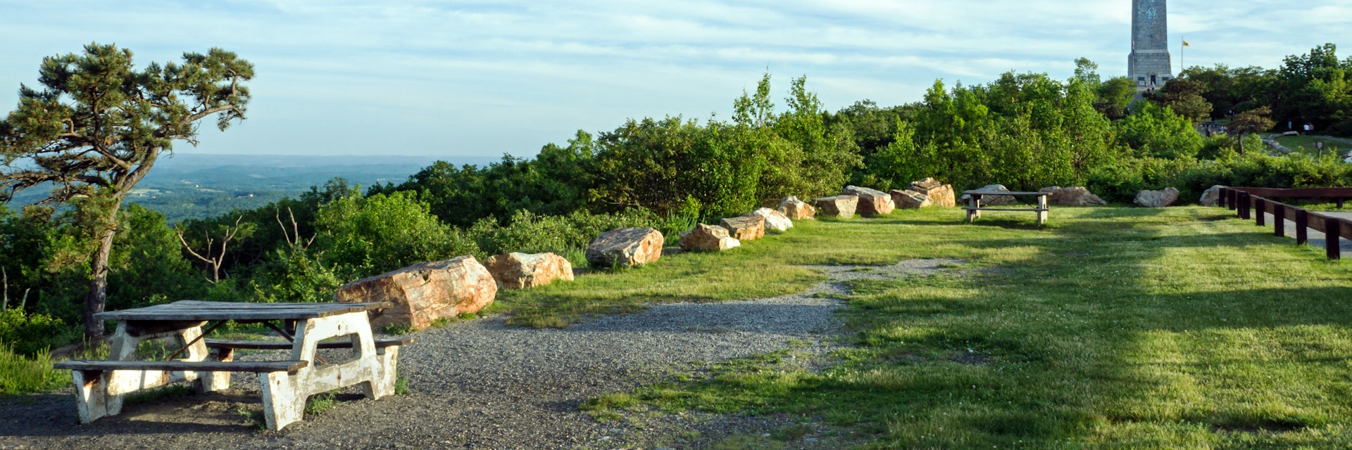 Sunset view of three states from monument at High Point State Park in New Jersey.