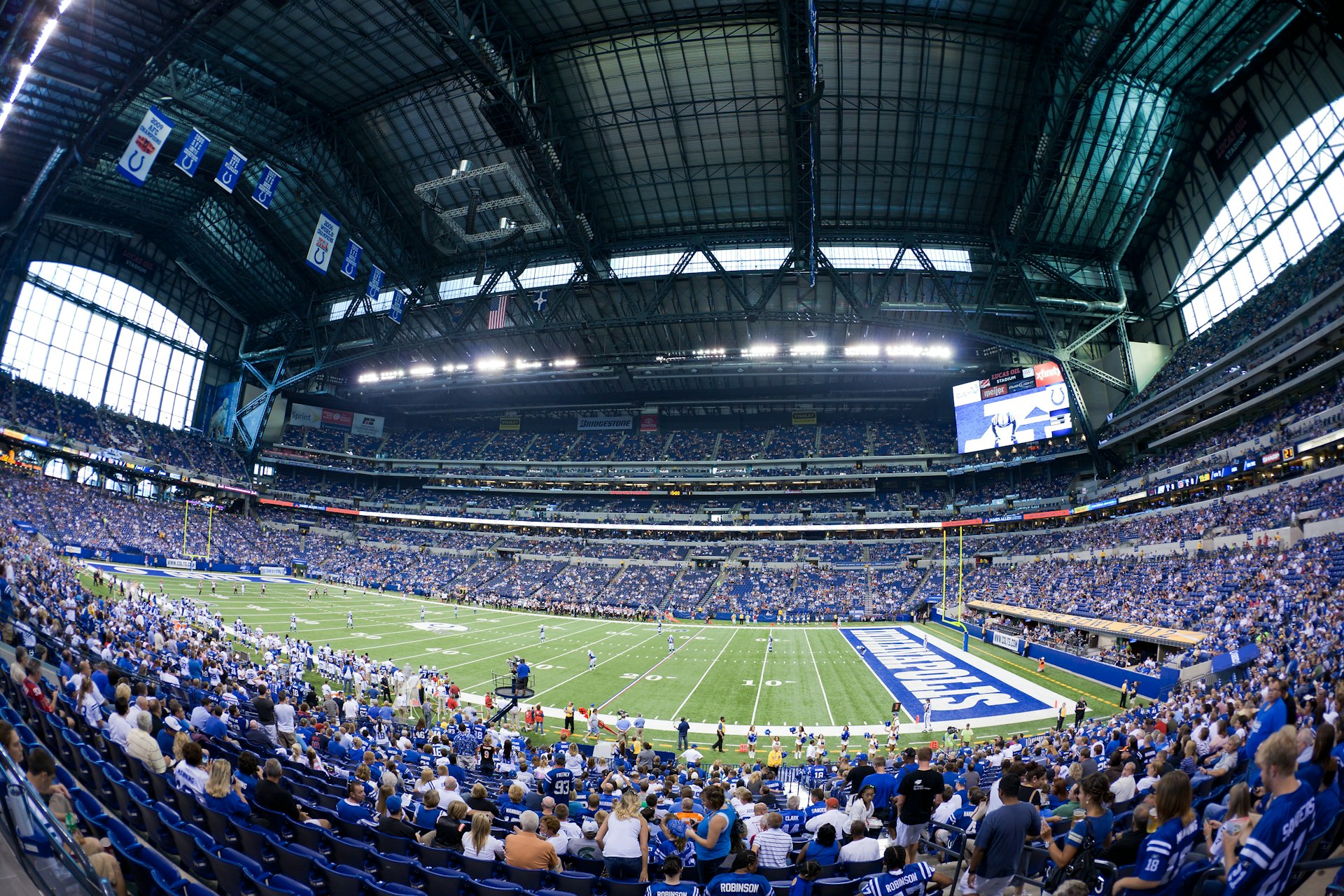 Fisheye view of interior of Lucas Oil Stadium during football game between Indianapolis Colts and Cincinnati Bengals