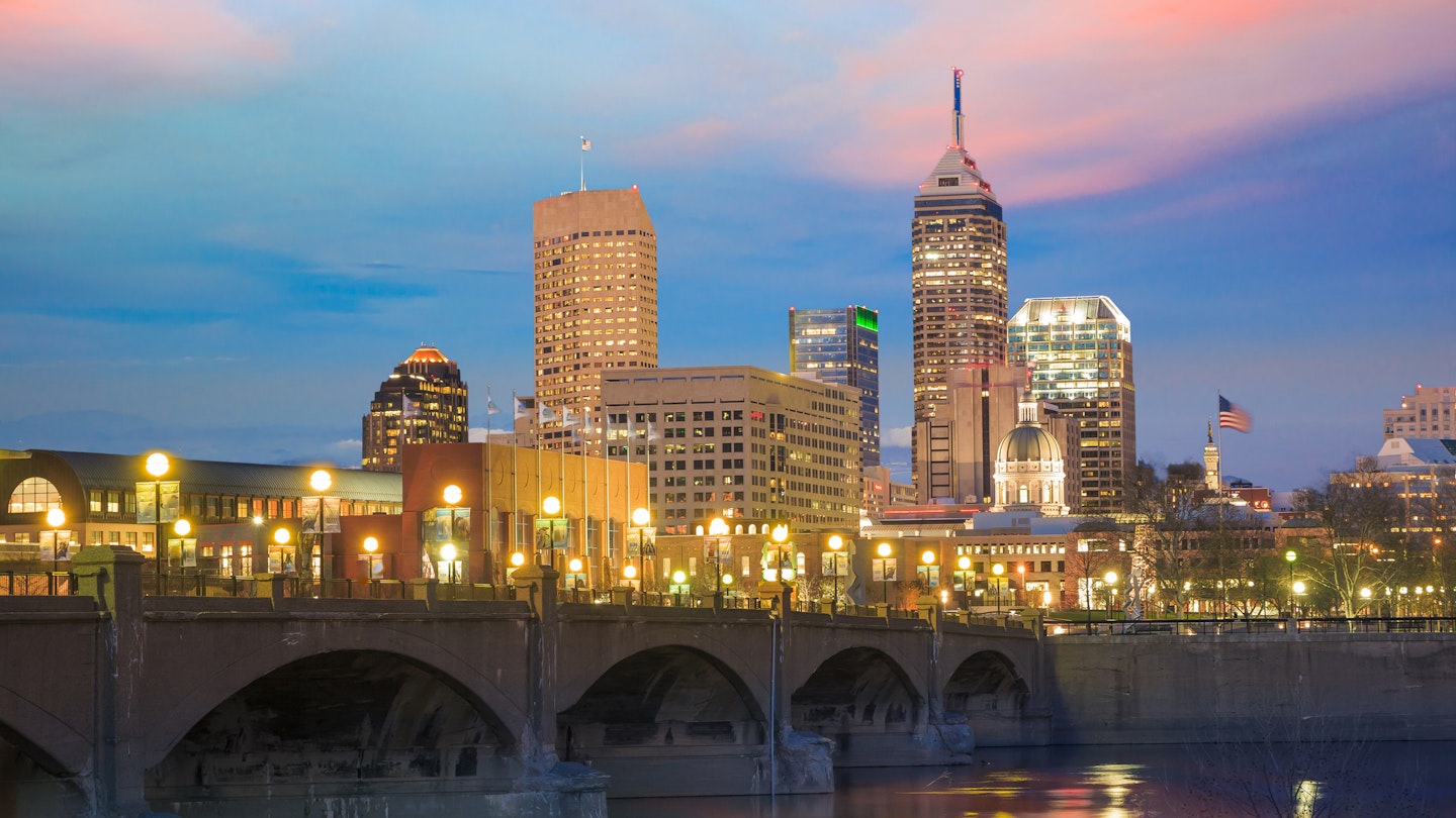 Indianapolis skyline and the White River at twilight