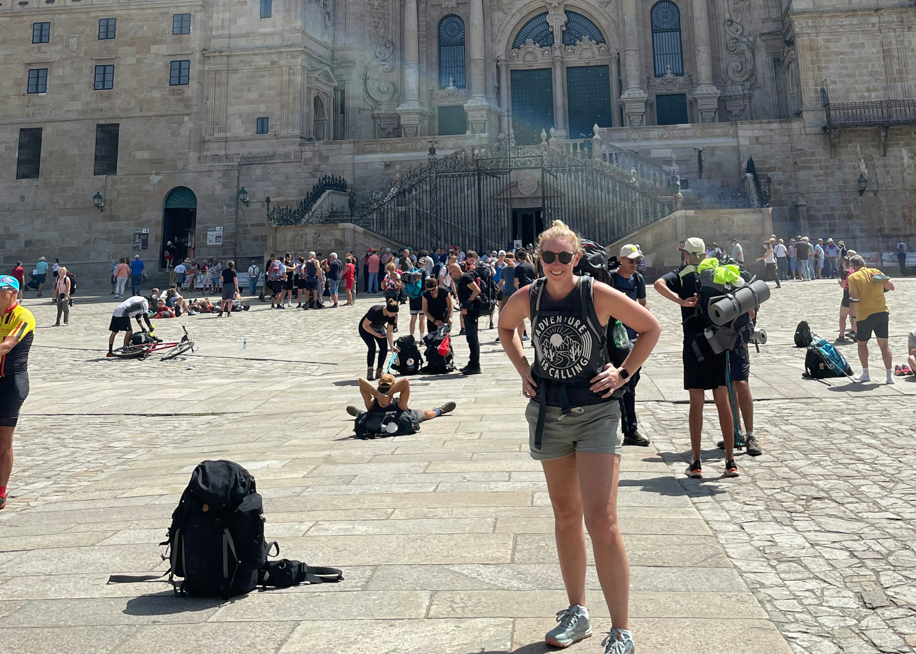 Senior editor Melissa Yeager at the cathedral ending her walk on the Camino de Santiago.