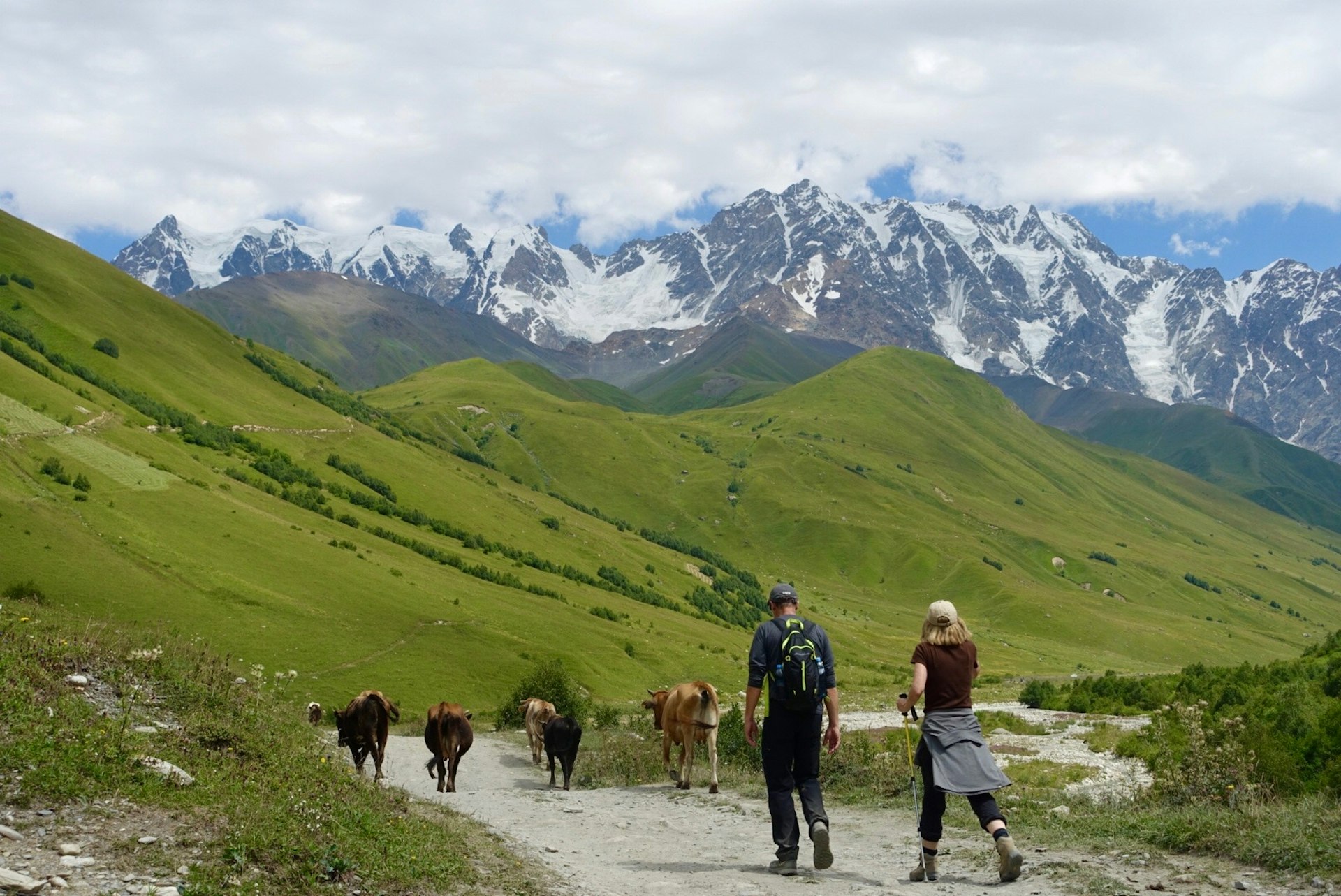 A bit of hiker traffic on the Transcaucasian Trail near Ushguli, Svaneti, Georgia