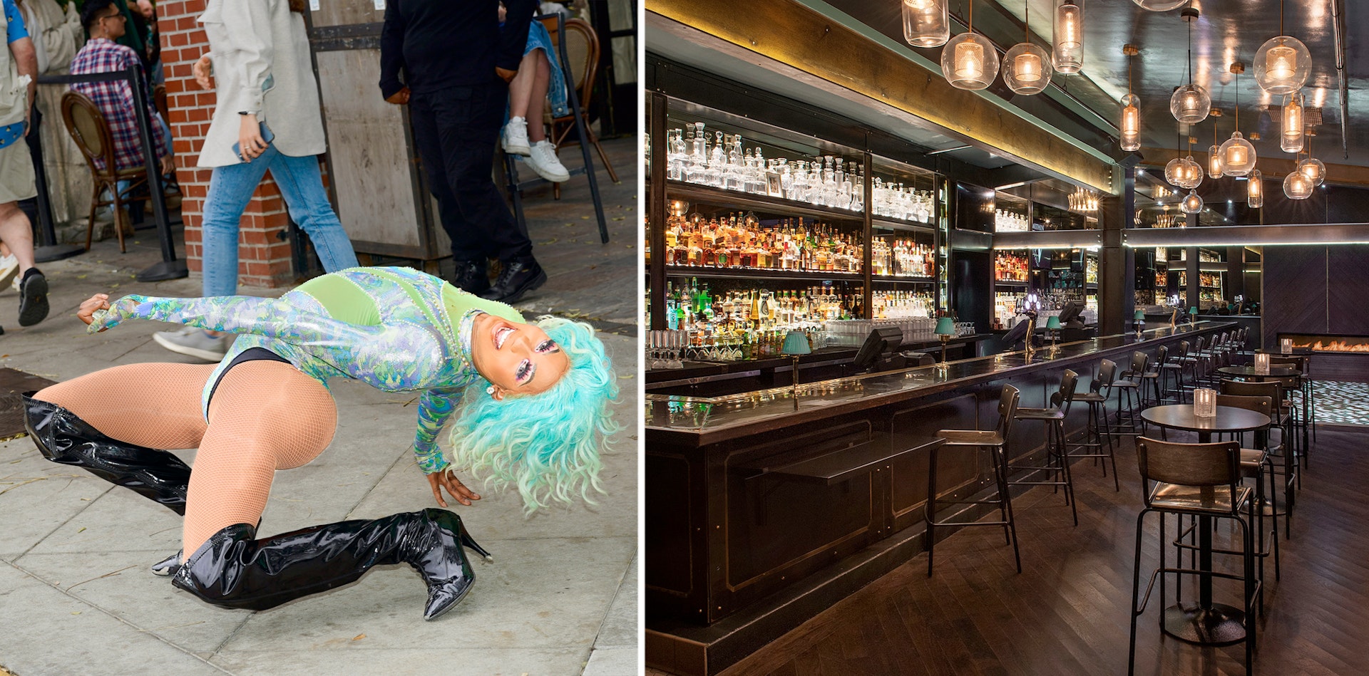 LEFT: A performer at The Abbey's drag brunch; RIGHT: Interior and bar of The Abbey. 