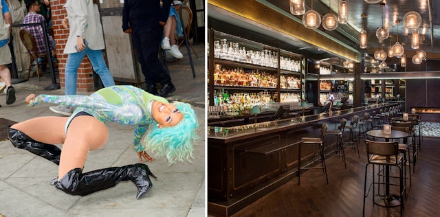 LEFT: A performer at The Abbey's drag brunch; RIGHT: Interior and bar of The Abbey.