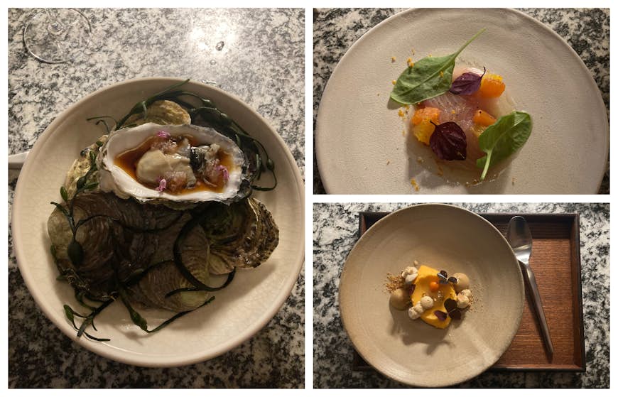 A triptych shows an oyster, sashimi and sorbet. 