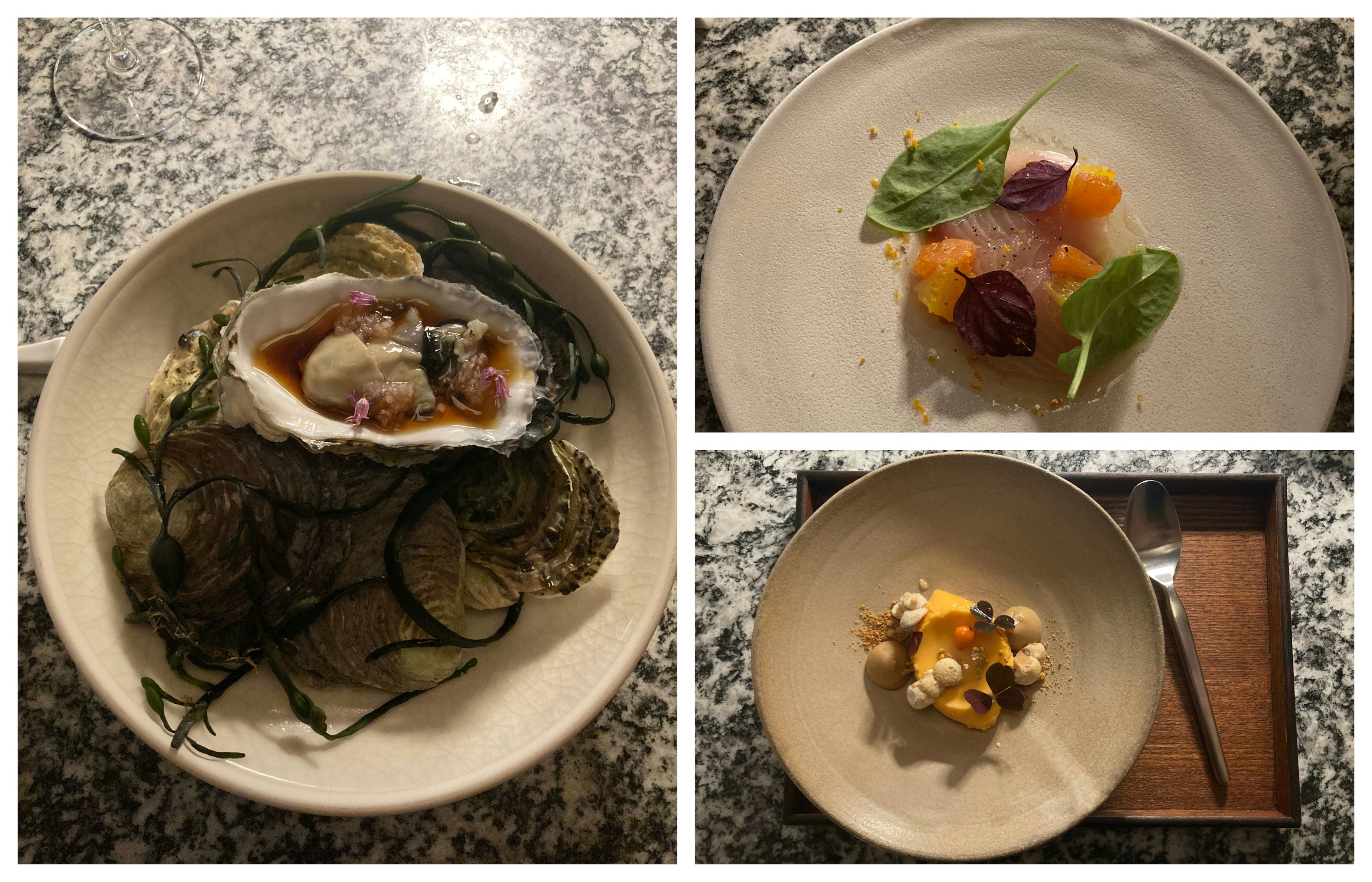 A triptych shows an oyster, sashimi and sorbet.