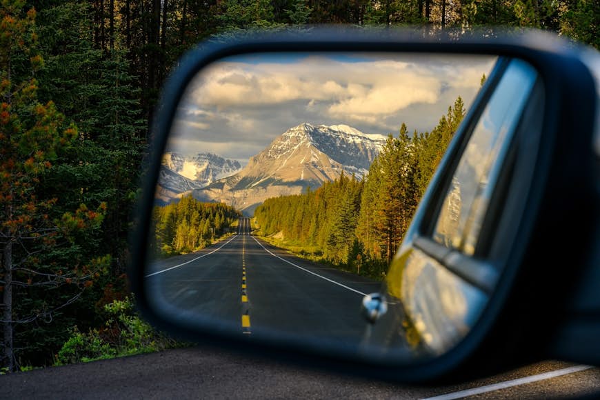 Beautiful scenery in the rearview mirror in the Icefields Parkway near Jasper, Canada 